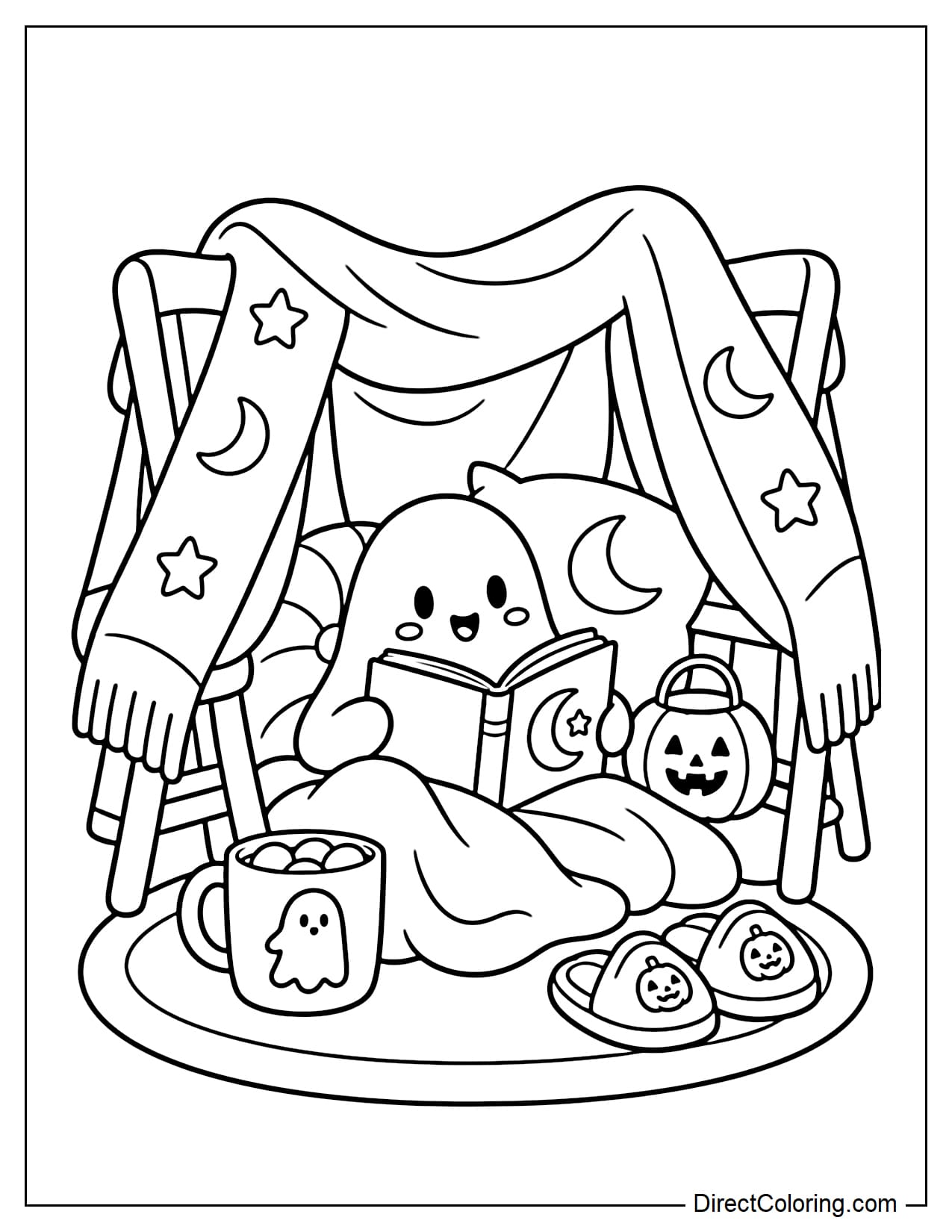 A cute little ghost sits inside a mini blanket fort made from two low chairs and a large draped blanket. Inside are a round pillow, a large book, and a pumpkin lamp, while a pair of tiny slippers and a large mug of cocoa sit outside the fort.