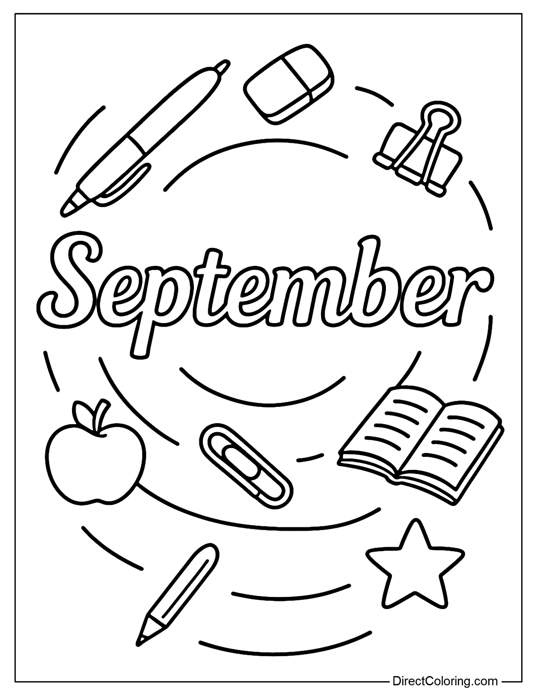 Coloring page for the word September surrounded by a light spiral of school supplies - pens, erasers, clips, books - ending in a star or apple shape.