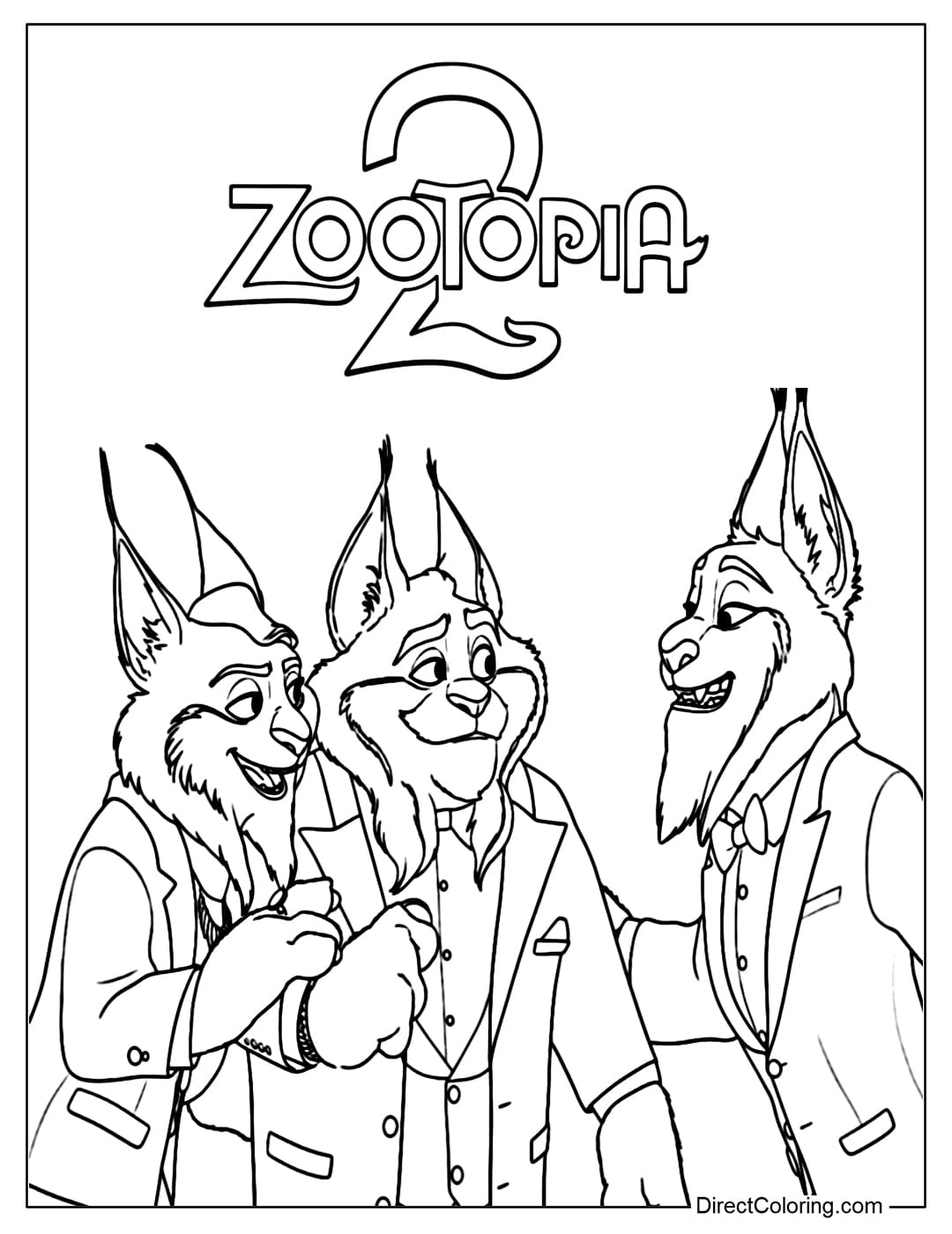 Coloring page of The Lynxley Family, dressed in elegant suits, engaging in friendly conversation with cheerful expressions.