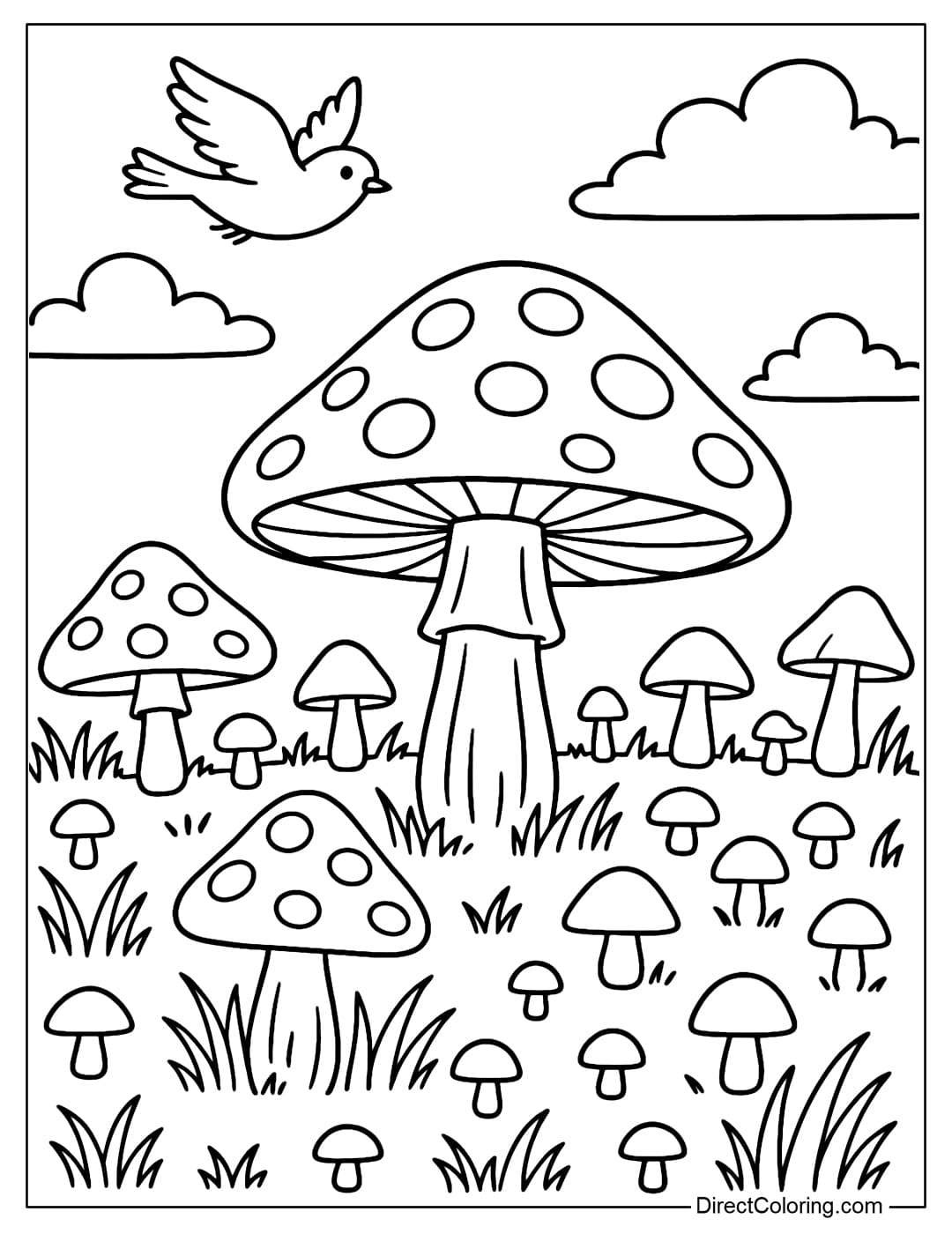 Mushroom Meadow Coloring Page A coloring page of a green meadow with countless large and small mushrooms, sparrows flying in the clear blue sky.