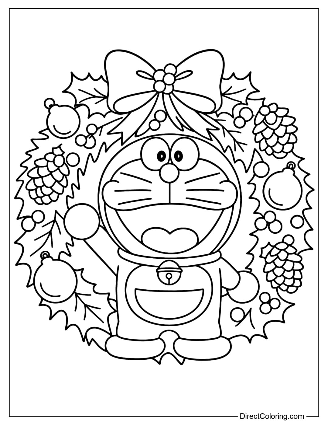 Doraemon coloring page with a giant Christmas wreath, decorated with bows, balls, pine cones.