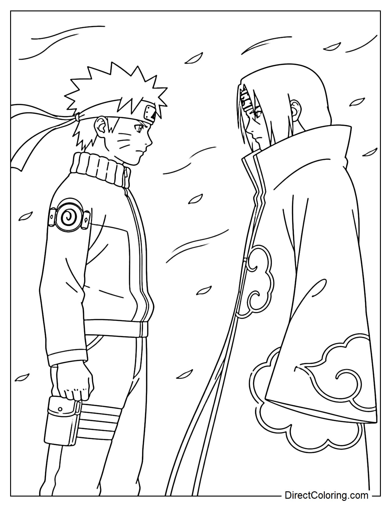Naruto and Itachi Uchiha stand facing each other calmly, with several wind lines around them.