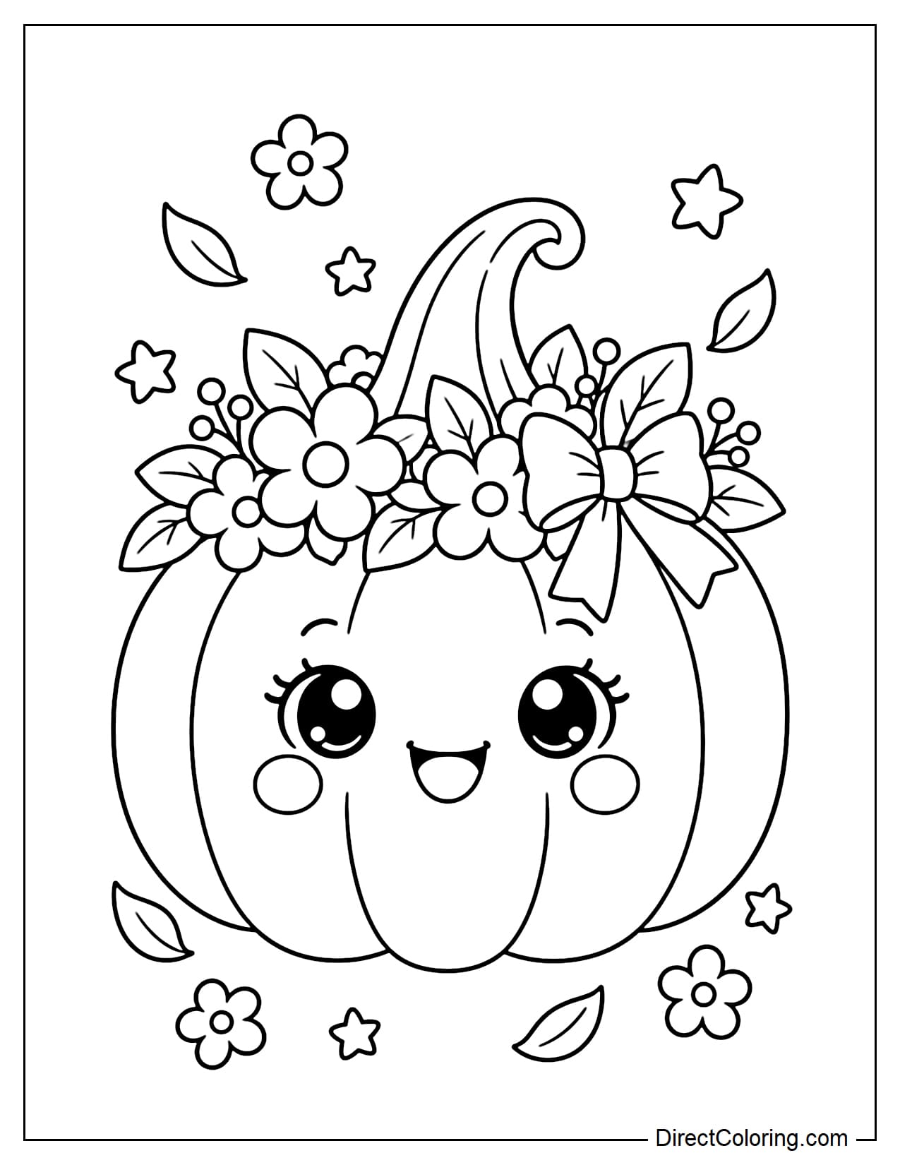 A large cute pumpkin with big round eyes, wearing a pretty flower crown and a small bow around the stem.