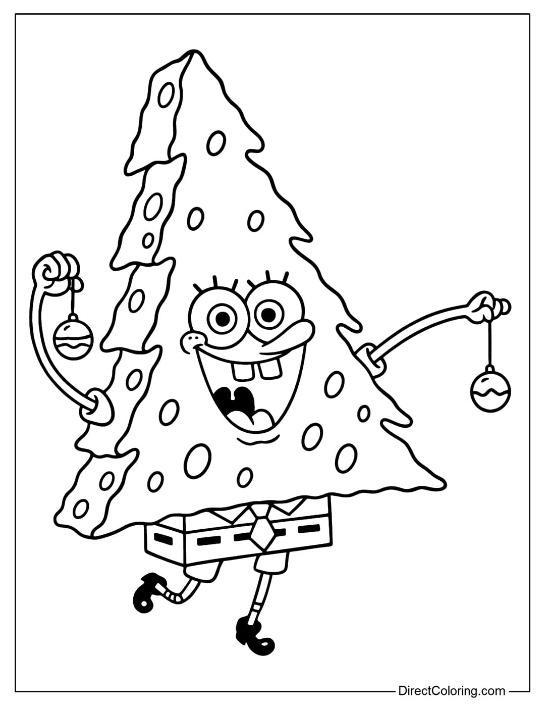Coloring page SpongeBob dressed as a silly Christmas tree, joyfully holding two ornaments while dancing.