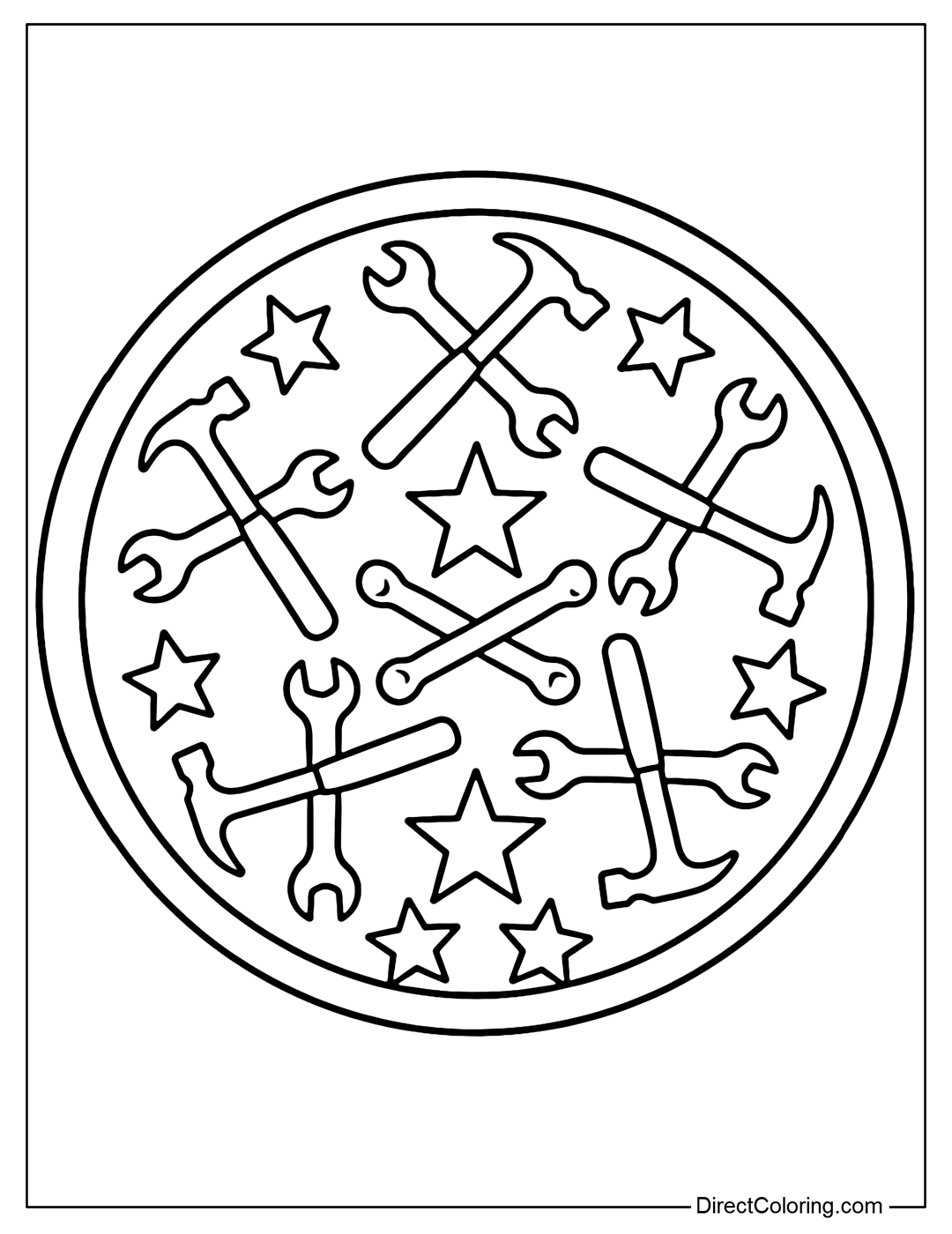 A simple mandala coloring page with repeating labor symbols (hammer, wrench, star).