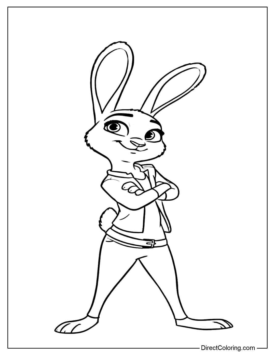A coloring page of Judy standing with her arms crossed, a confident smile, and a determined look in her eyes.