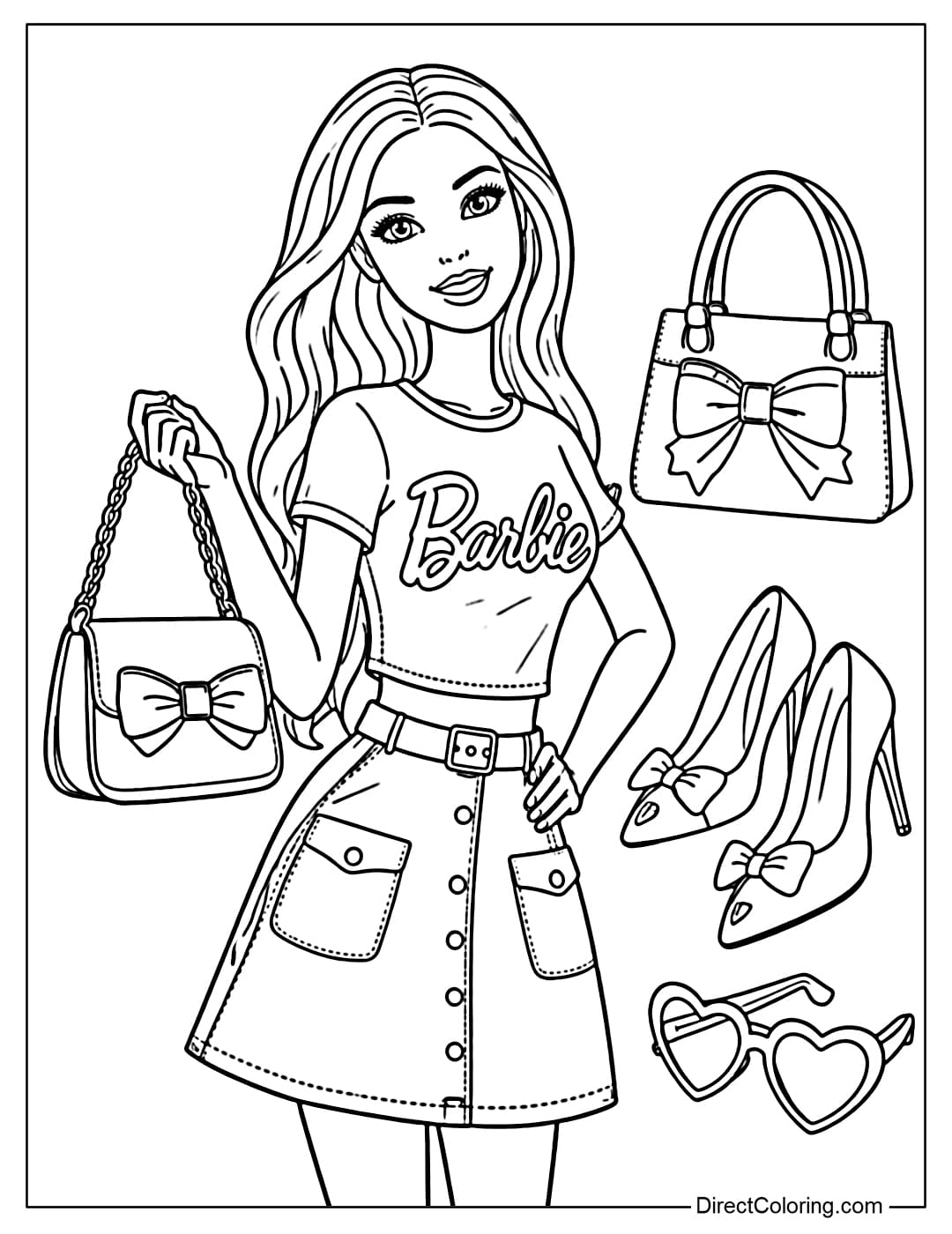 Barbie carrying a handbag, wearing a crop top and a simple skirt, surrounded by three large fashion items such as shoes, a bag, and fashionable sunglasses.