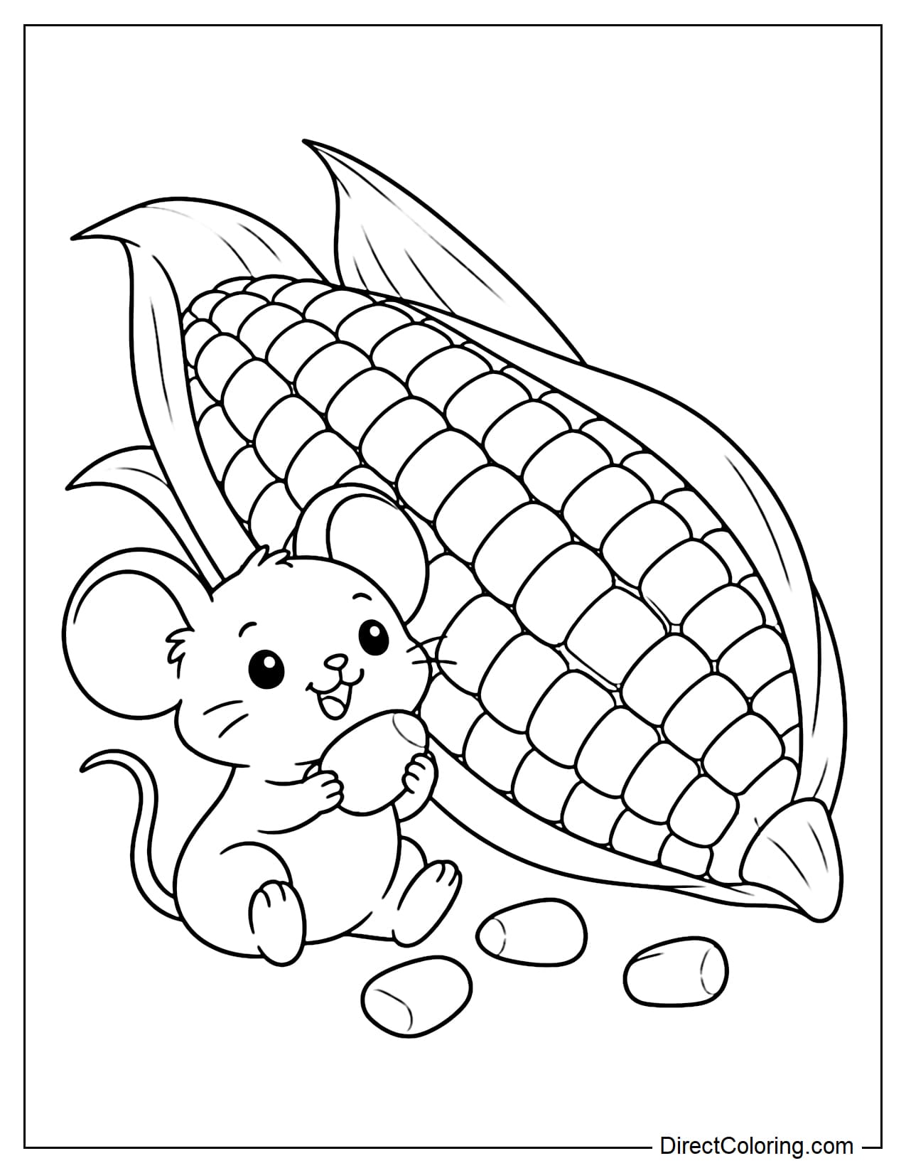 A small cute mouse sits beside a giant corn cob while holding one large corn kernel in its front paws.