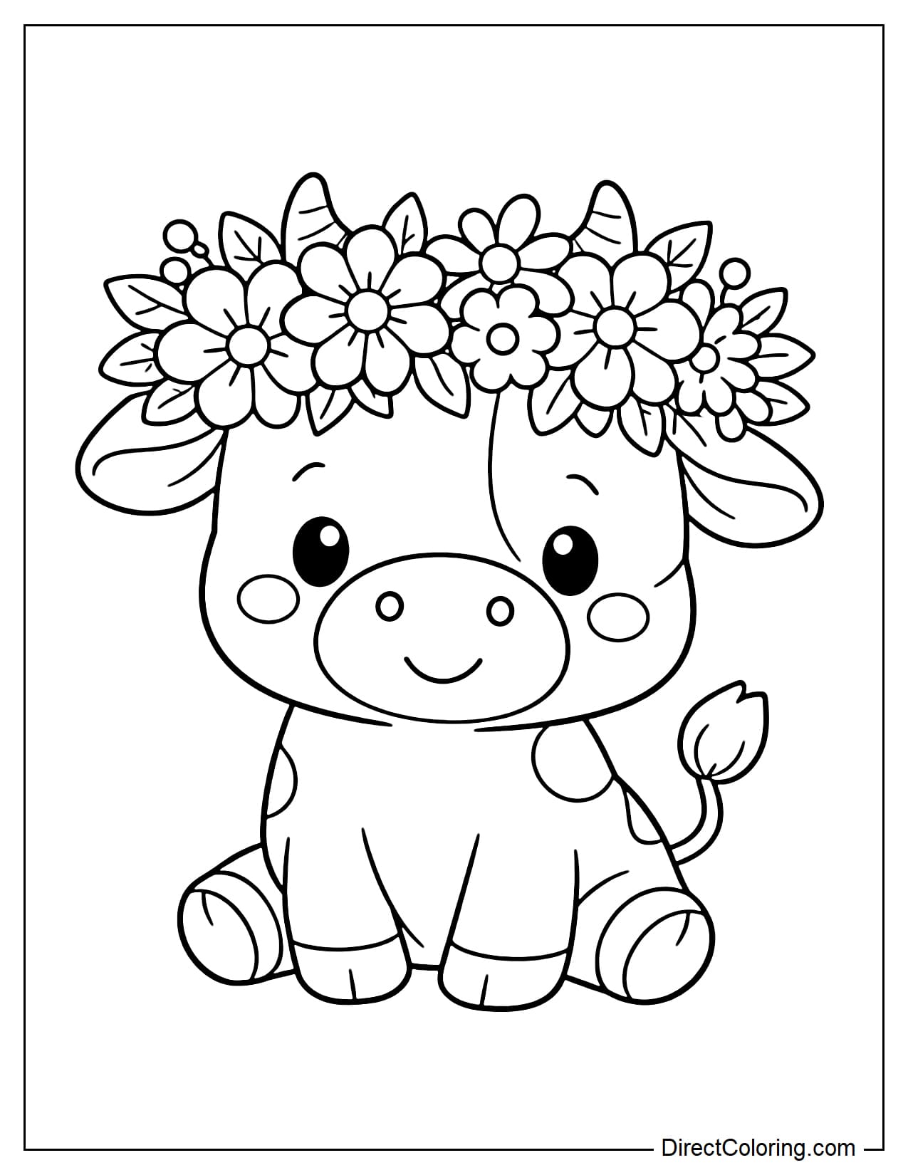 A cow wearing a large flower crown on its head with simple flowers.