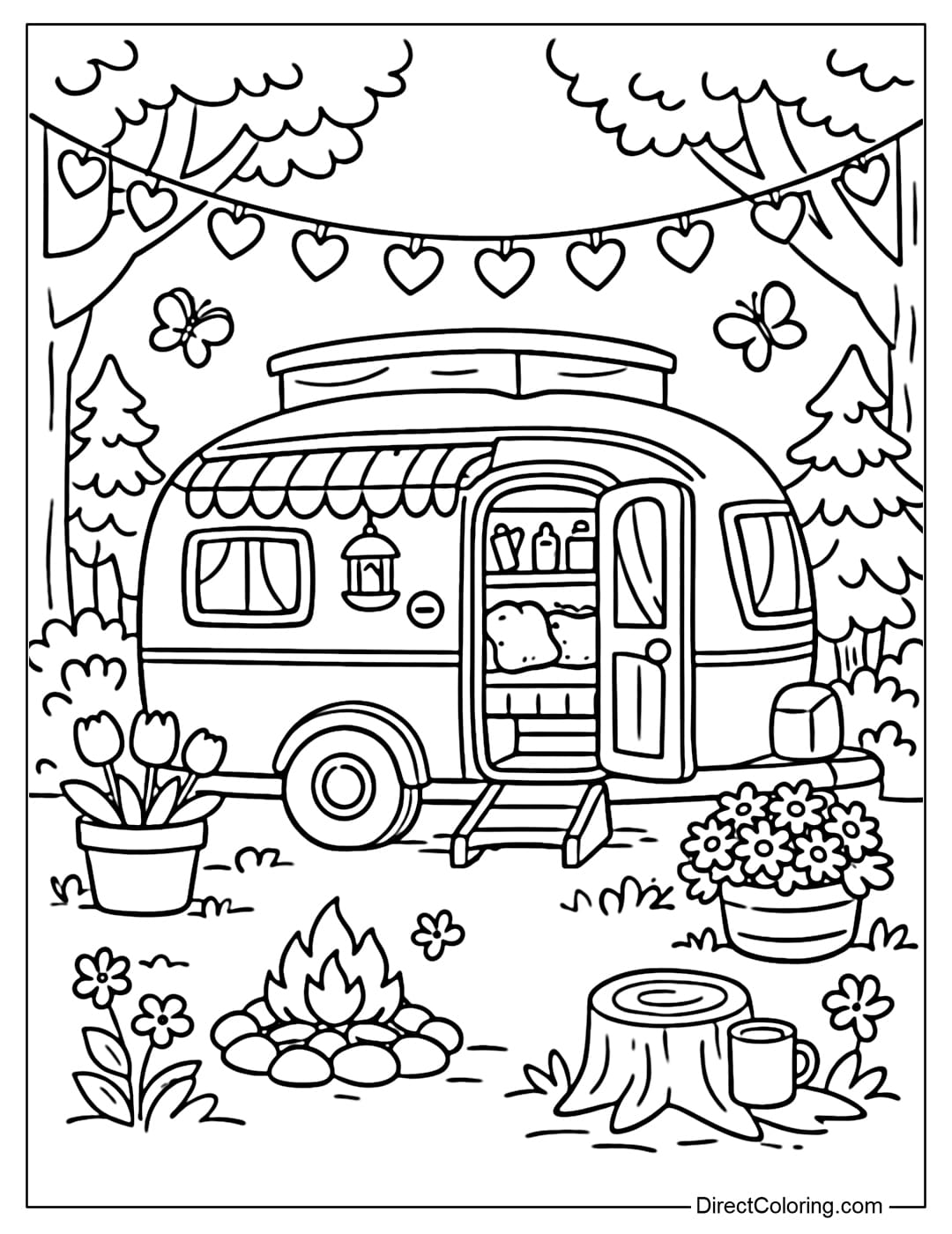 A coloring page of a cute, cozy little camper in the middle of a spring forest, decorated with heart-shaped string lights, spring flower pots, and a few green plants.