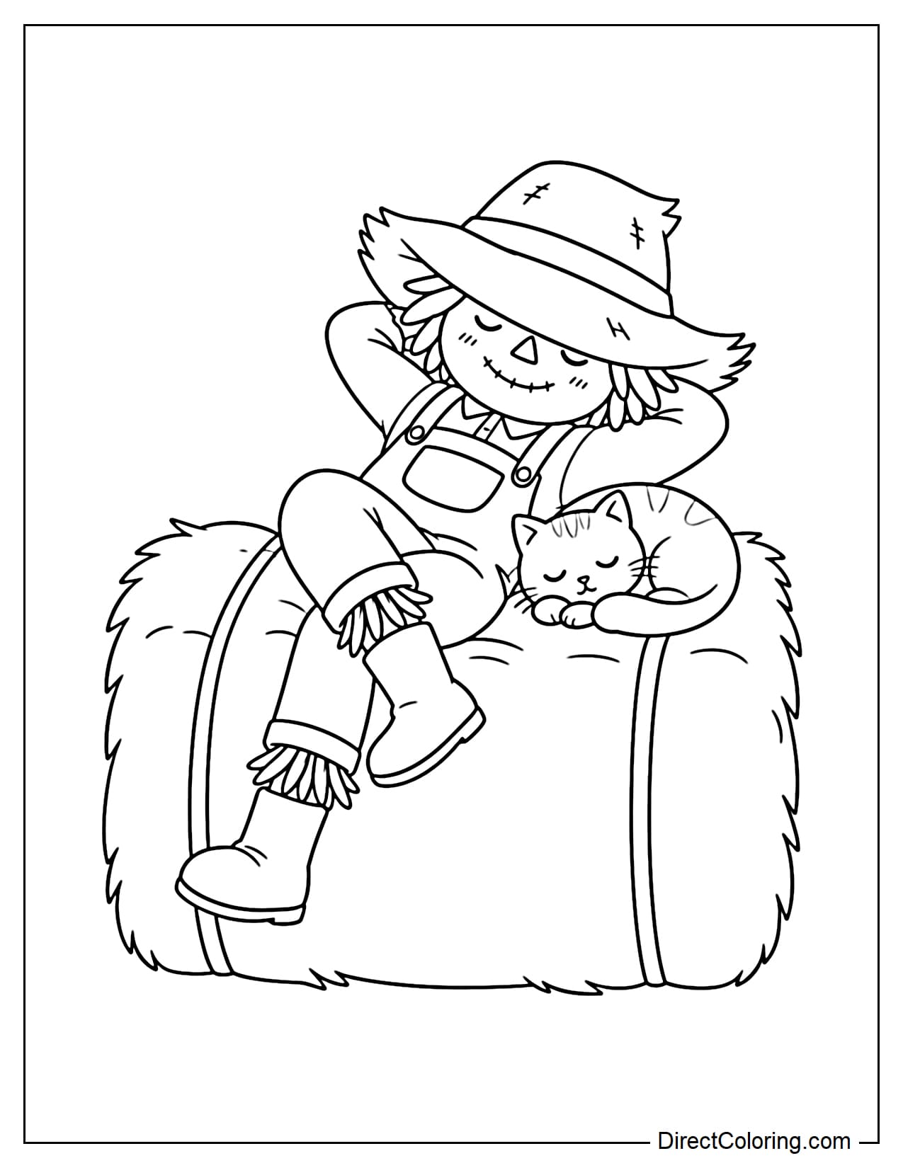 A scarecrow sleeps comfortably on a large hay bale with its hands tucked beneath its head while a small cat sleeps curled up beside it.