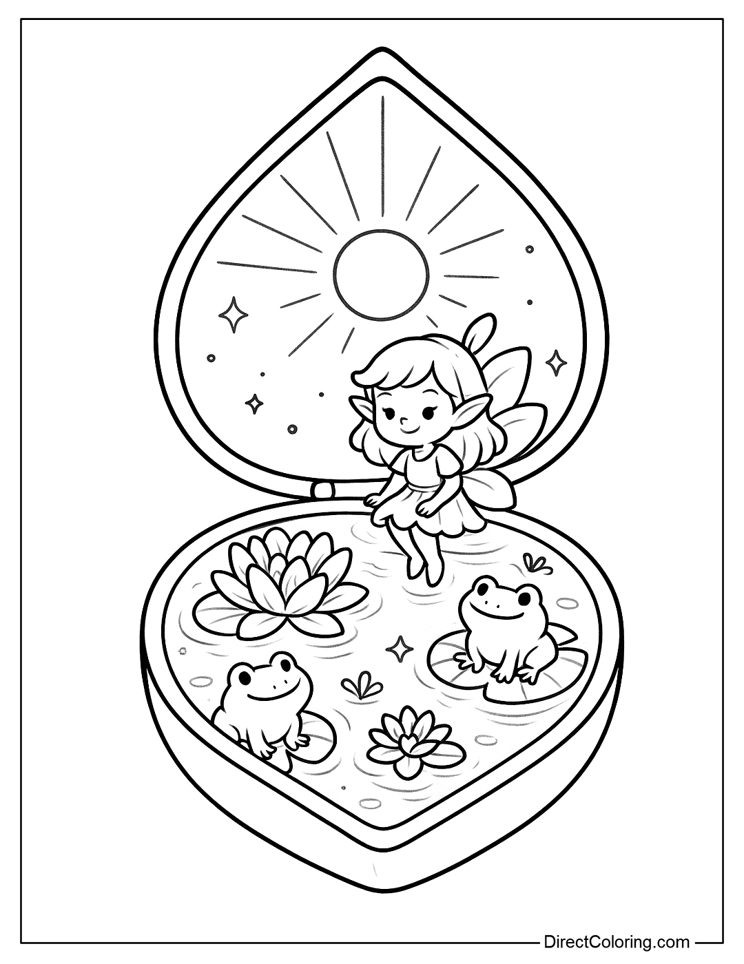 a coloring page of a teardrop compact that opens to a small pond with water lilies, frogs and a little fairy
