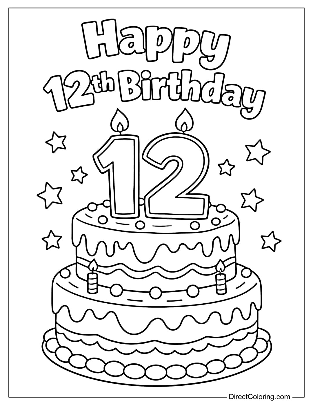 A coloring page with a two-tiered cake featuring a large number 12 in the middle, surrounded by some small stars, and the words 