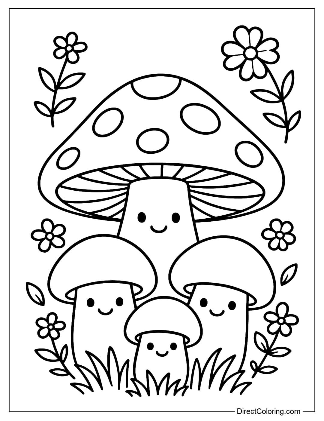 Mushroom Family Coloring Page A mushroom family coloring page with three chubby round-cap mushrooms, cute smiling faces, and flowers and leaves surrounding them.