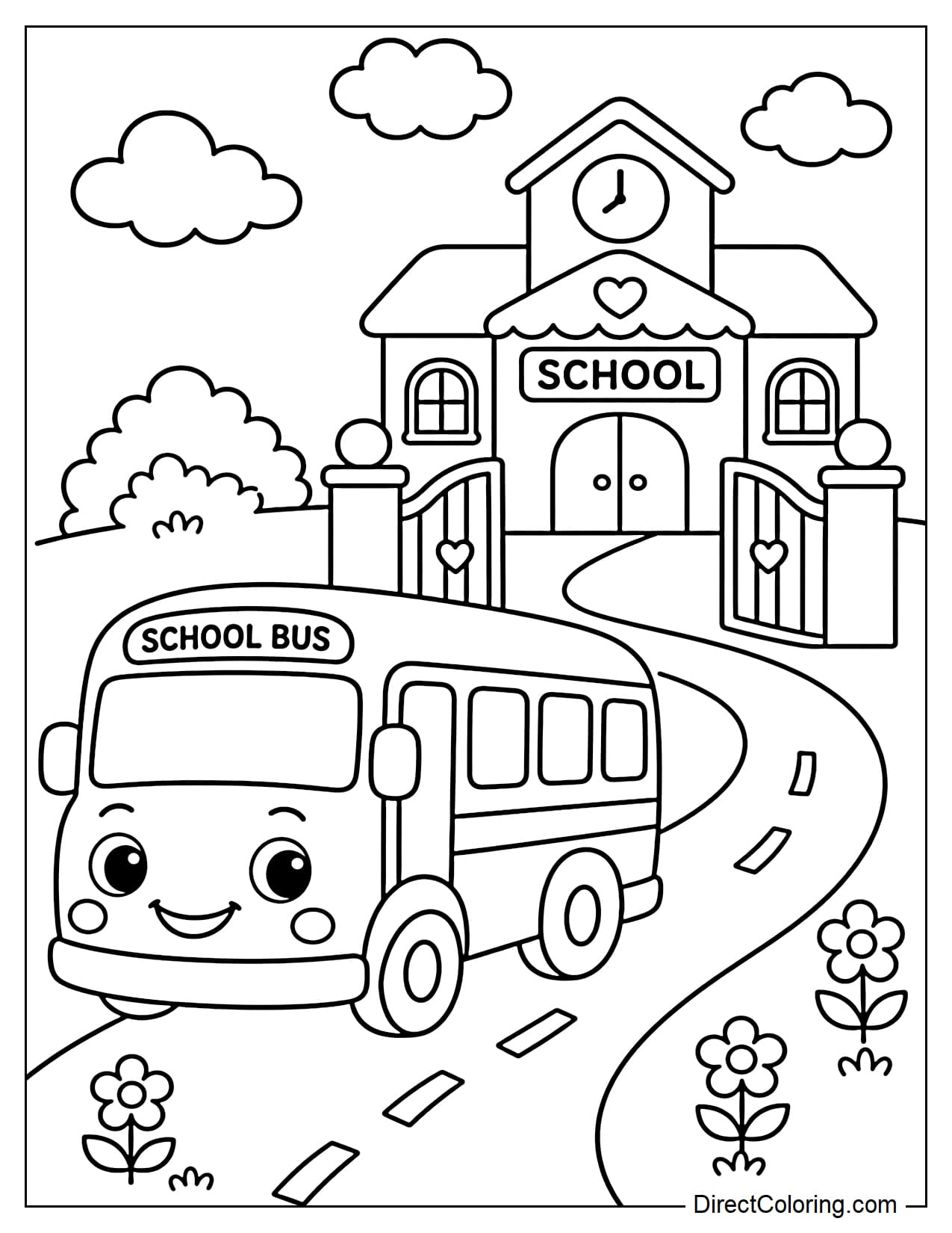 A cute cartoon bus traveling down a winding road leaving the school gate, with a cheerful smiley face, large round wheels, and surrounded by bushes, flowers, and clouds.