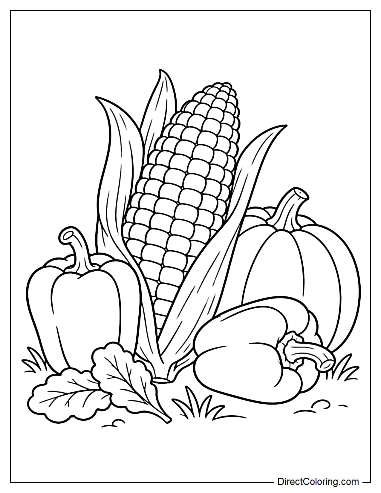 A large partially peeled corn cob rests on the ground beside one round pumpkin and two bell peppers.