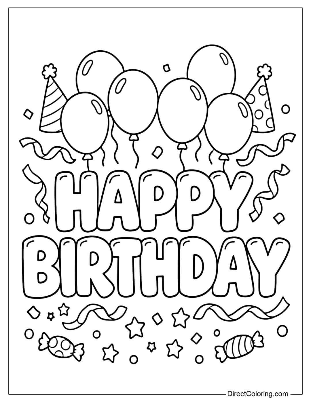 Coloring page for the words HAPPY BIRTHDAY, with round balloons, birthday hats, and ribbons above and around the words.