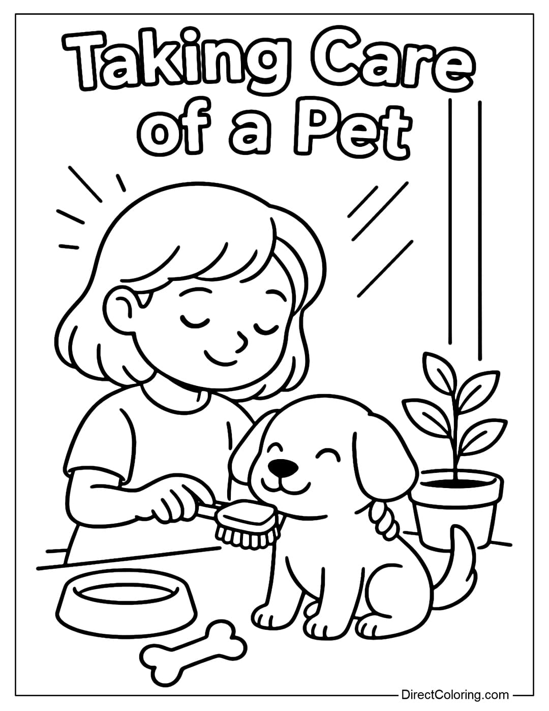 A coloring page of a little girl brushing her puppy's fur, next to a bowl of water, a bone, and a small plant.