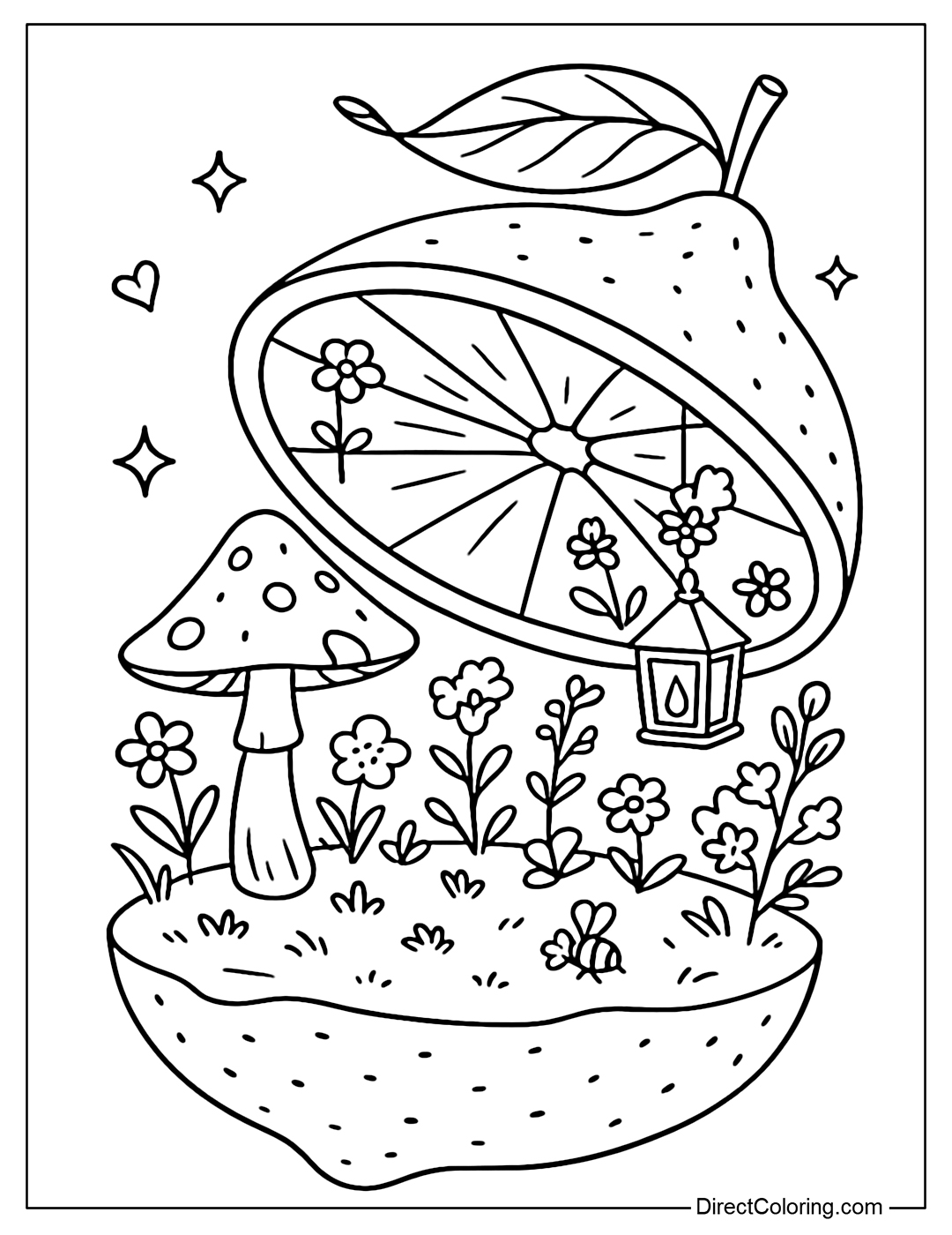Coloring page of the fairy world inside an open lemon, with mushrooms, small flowers and lanterns.