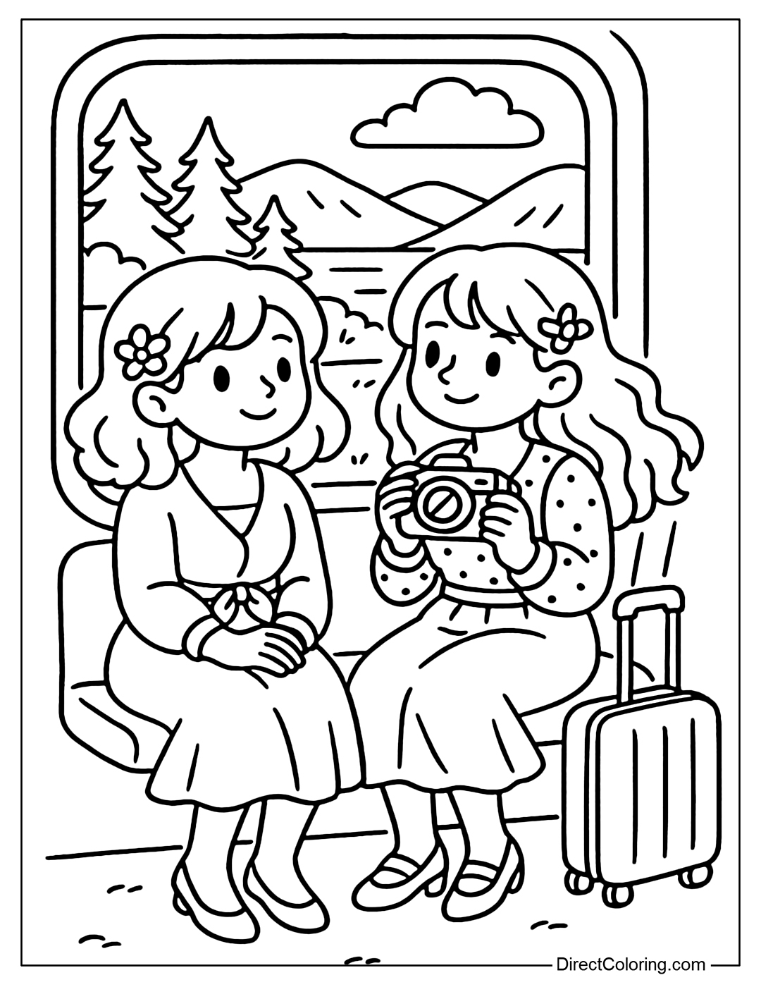 Coloring page of two girls sitting by the train window, watching the scenery and holding a camera, with a small suitcase at their feet.