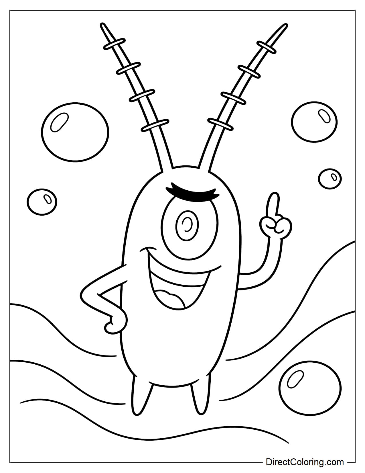 Plankton is standing with a mischievous smile, surrounded by bubbles and curves.