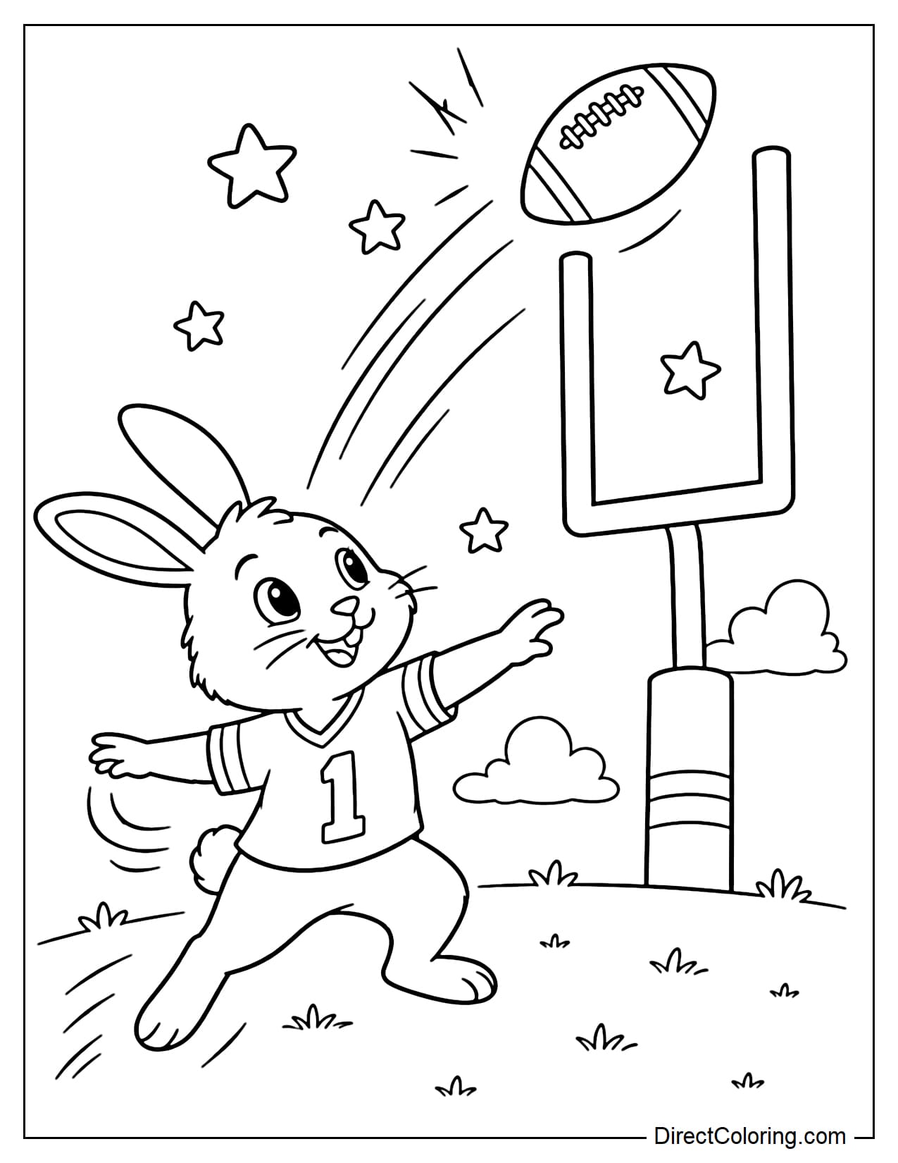 A cute rabbit throws a high football pass across the field, with small stars and curved motion lines around the ball.
