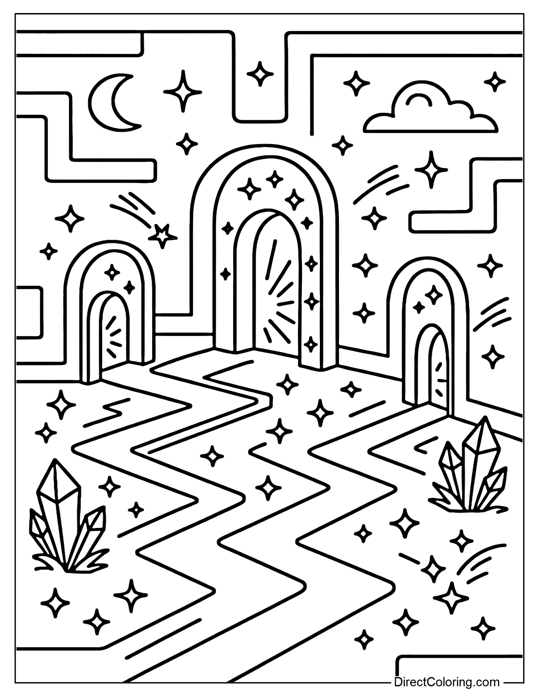 Coloring page of a magical maze with geometric doors, lights coming from inside, and magical motifs.