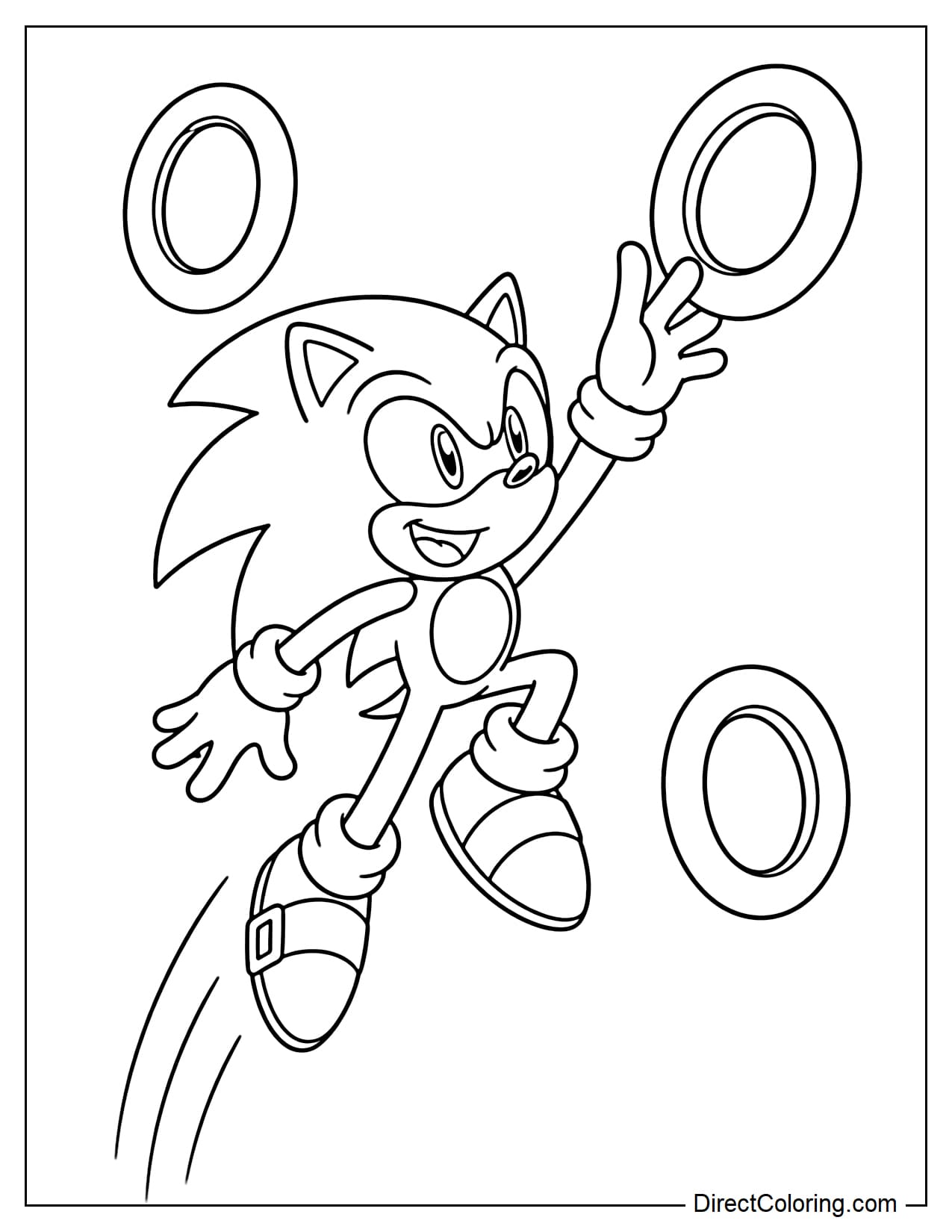 Sonic is jumping up to touch some large gold rings, a fun pose.