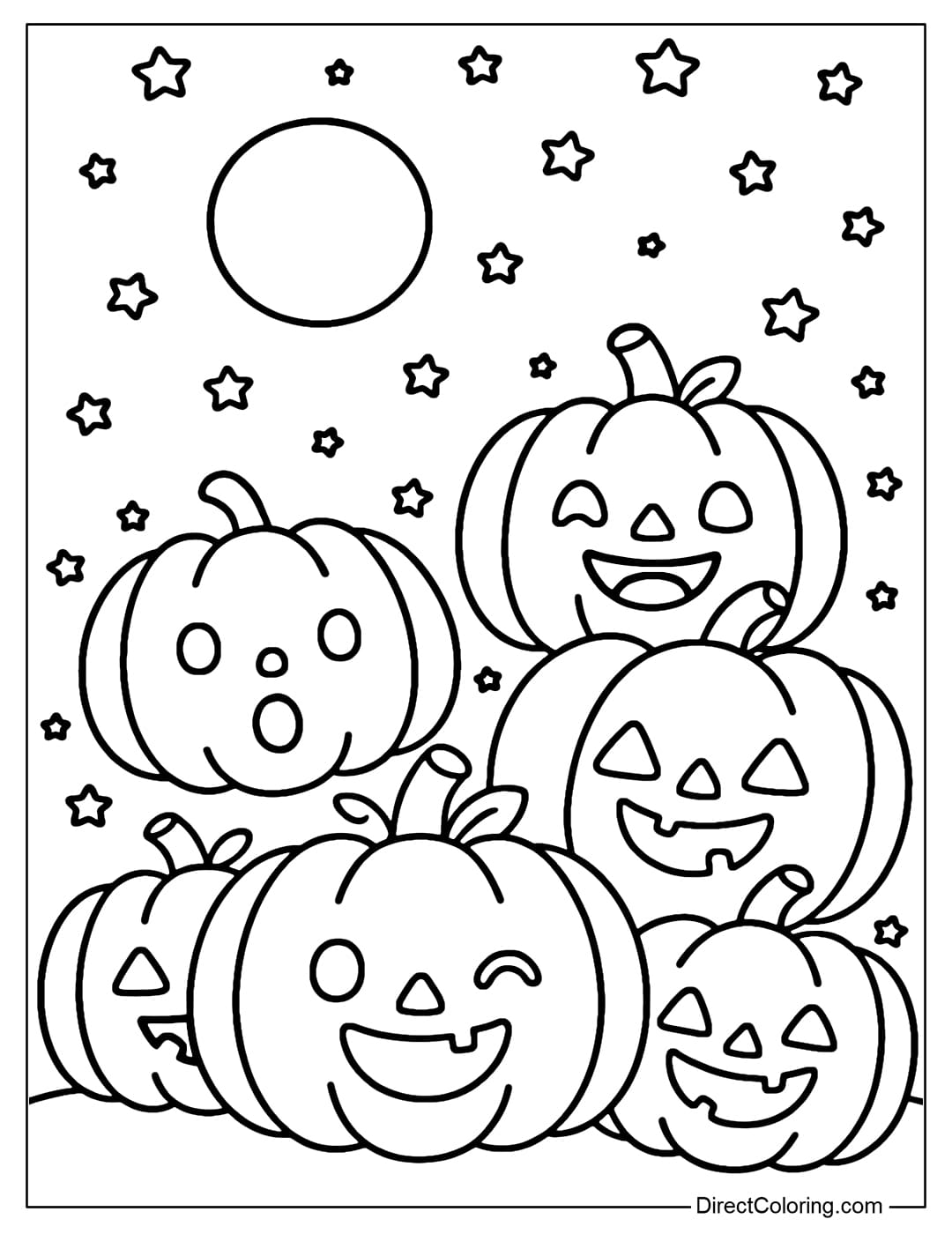 A Halloween background coloring page with a series of expressive Jack-o-Lantern pumpkins.