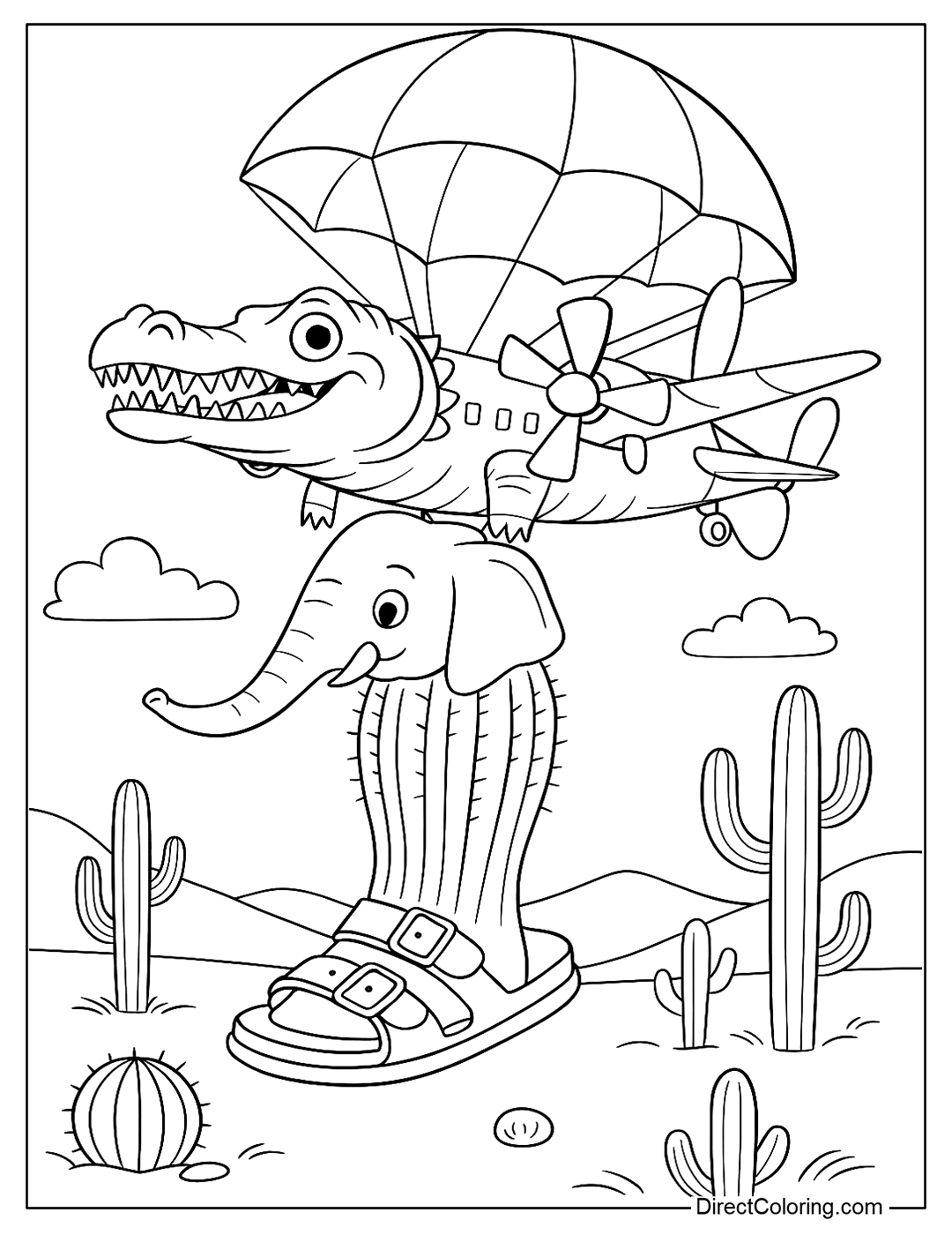 Bombardiro Crocodilo Coloring Page makes an emergency landing in a field of cacti, with Lirilì Larilà holding the parachute