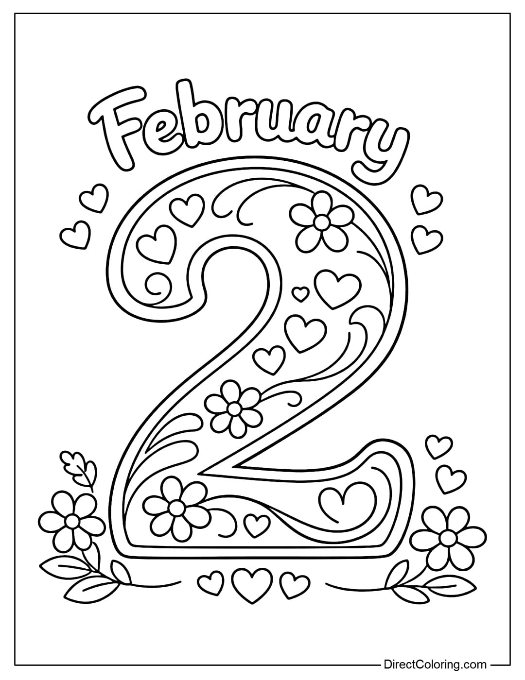 A coloring page of a large number 2 with the word 
