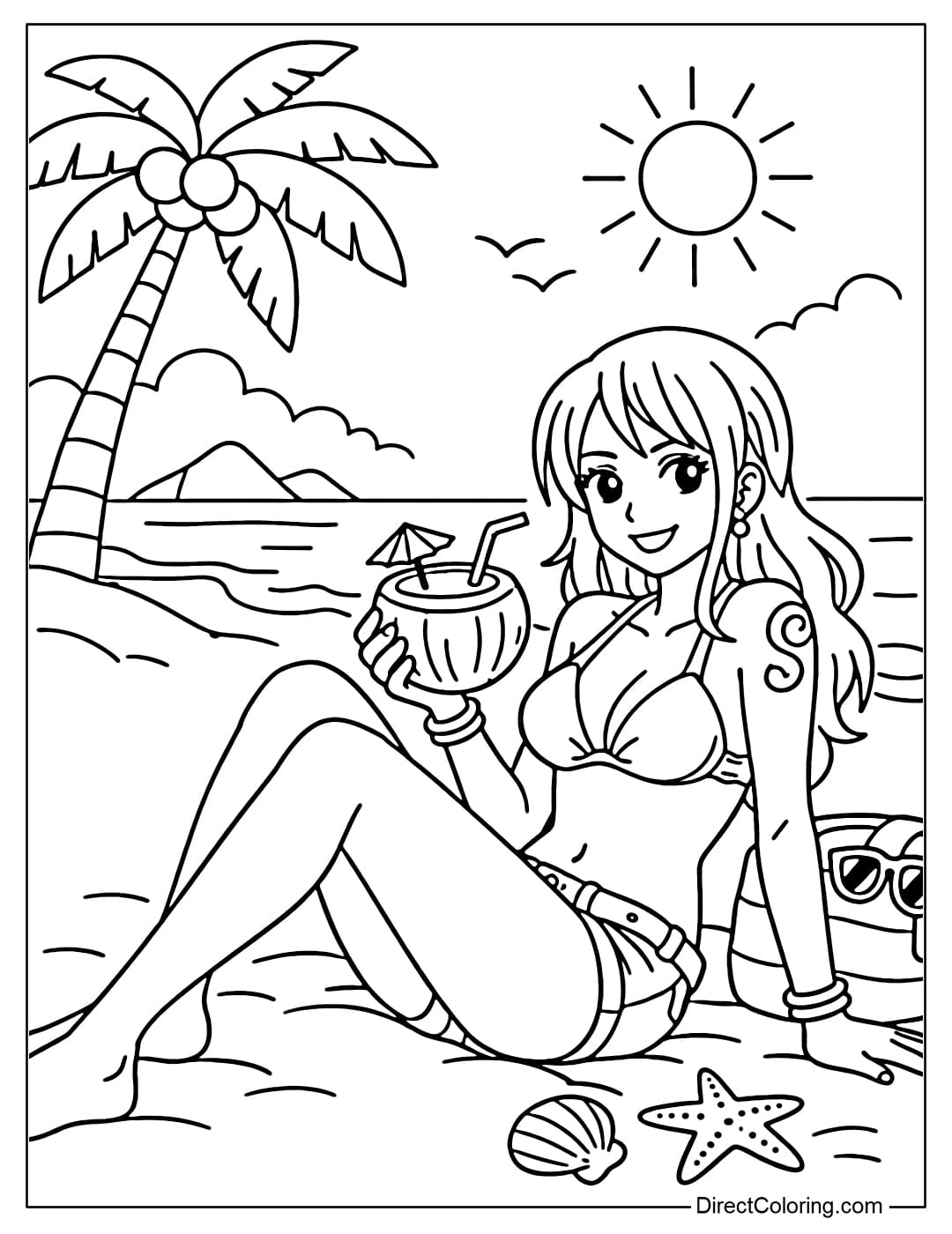 Nami sits relaxing on the beach, holding a coconut with a spout.