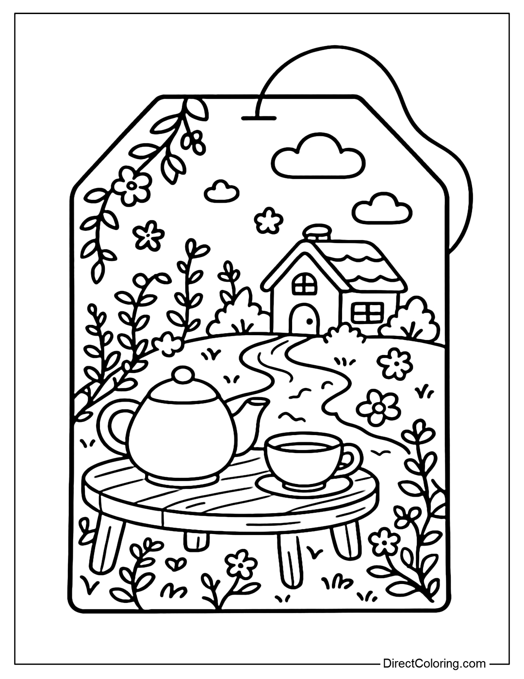 A tea bag coloring page featuring a small house by the stream, a lovely teapot and teacups on a wooden table.