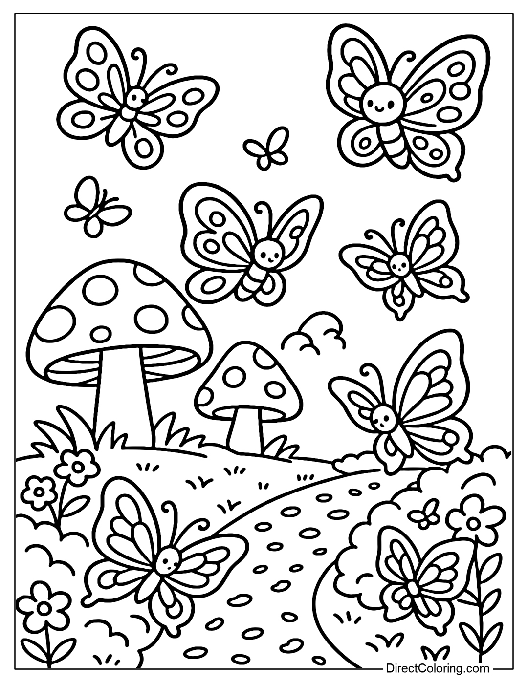 A butterfly garden coloring page with large round-cap mushrooms, many butterflies with lovely patterned wings are flying and resting around the mushrooms