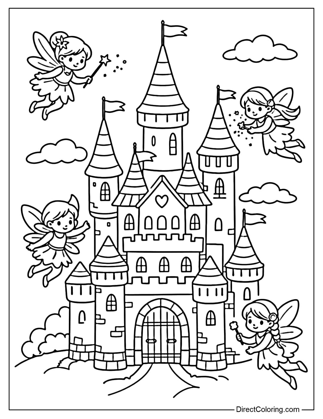 Coloring page of a fairy tale castle with several little fairies flying around the towers.