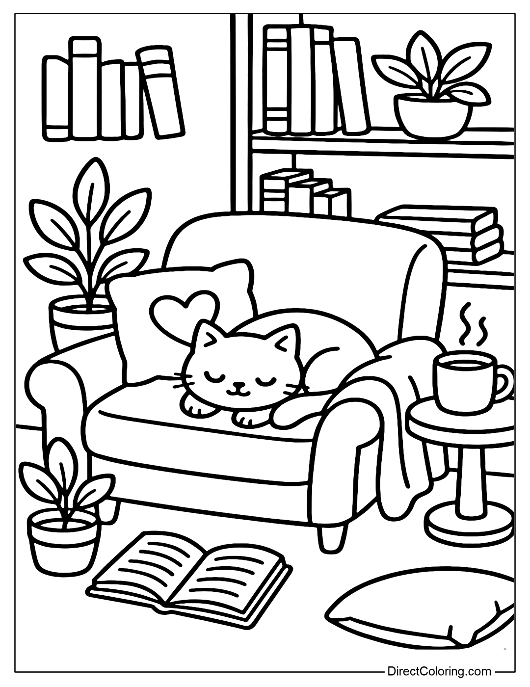 A coloring page of a small room with a bookshelf, a pillow, a sleeping cat and a cup of hot tea - creating a relaxing, warm feeling.
