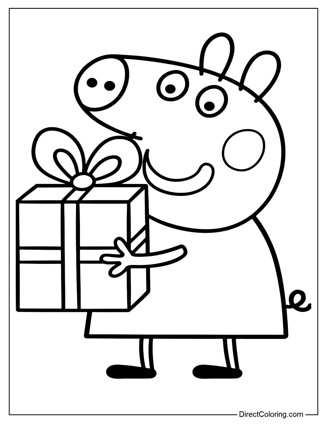Coloring page Peppa Pig holding a big gift box tied with a big bow.