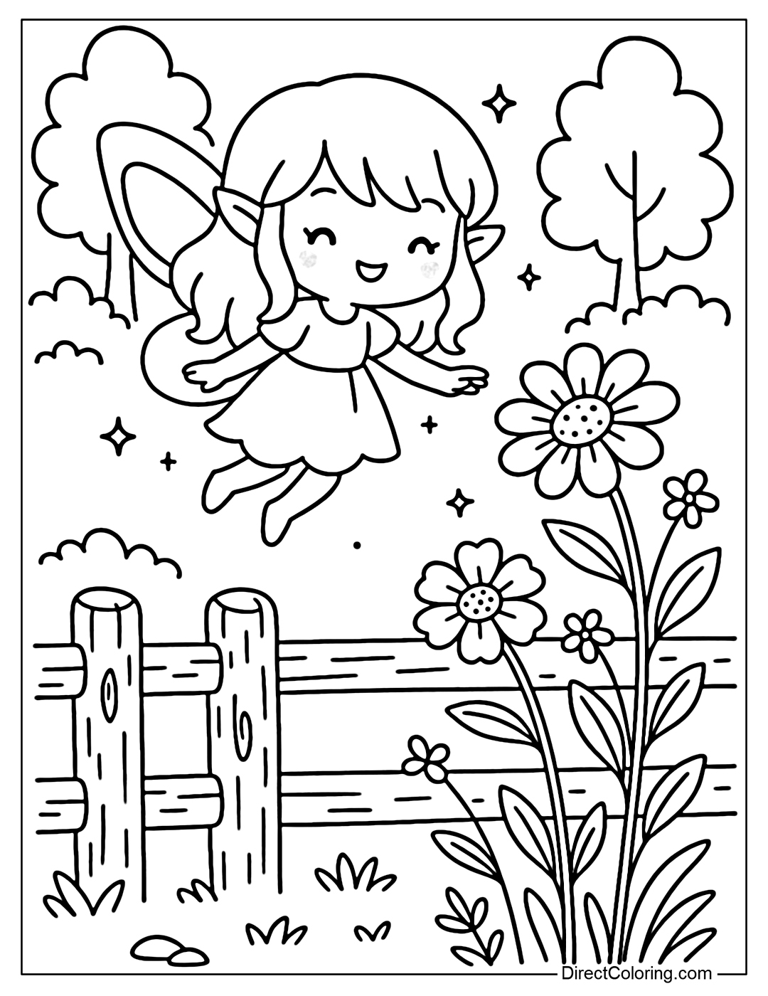 A fence coloring page in a fairy forest, with a little fairy with sparkling wings flying around wild flowers.
