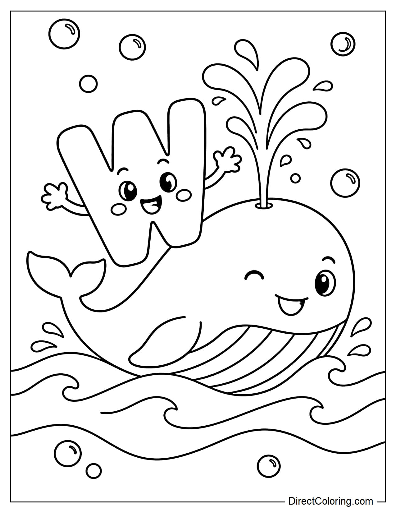 The adorable letter W is playing with a whale spouting water in the sea, surrounded by waves and bubbles.