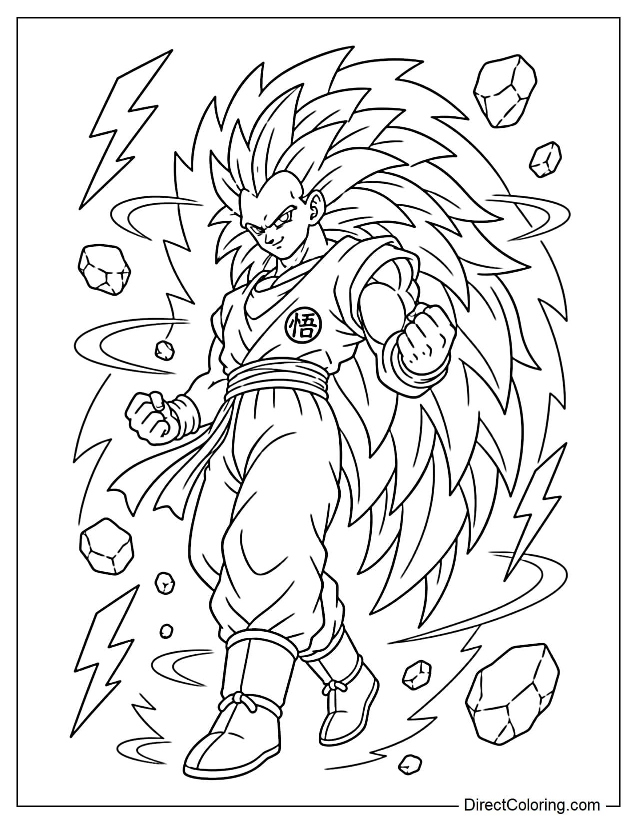 Goku in Super Saiyan 3 form is leaning forward, unleashing his power, hands clasped, one foot stepping forward, surrounded by large lightning bolts, flying rocks, and energy rings.