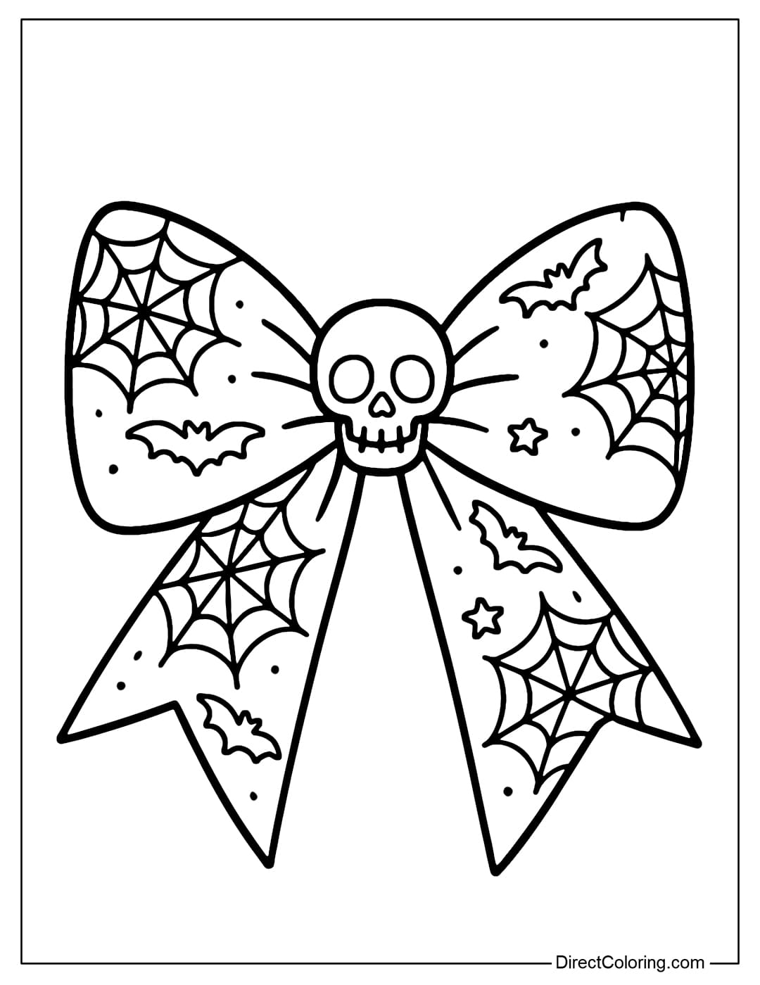 Coloring page for a large bow tie with a skull charm in the center, with a spider web border and small flying bats on the edge.