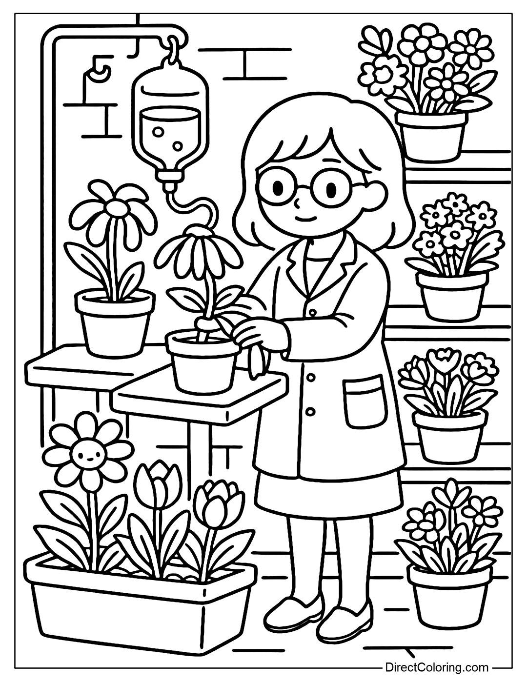 Coloring page of a clinic that heals wilted flowers, a flower doctor uses leaf gauze, a feeding tube for branches