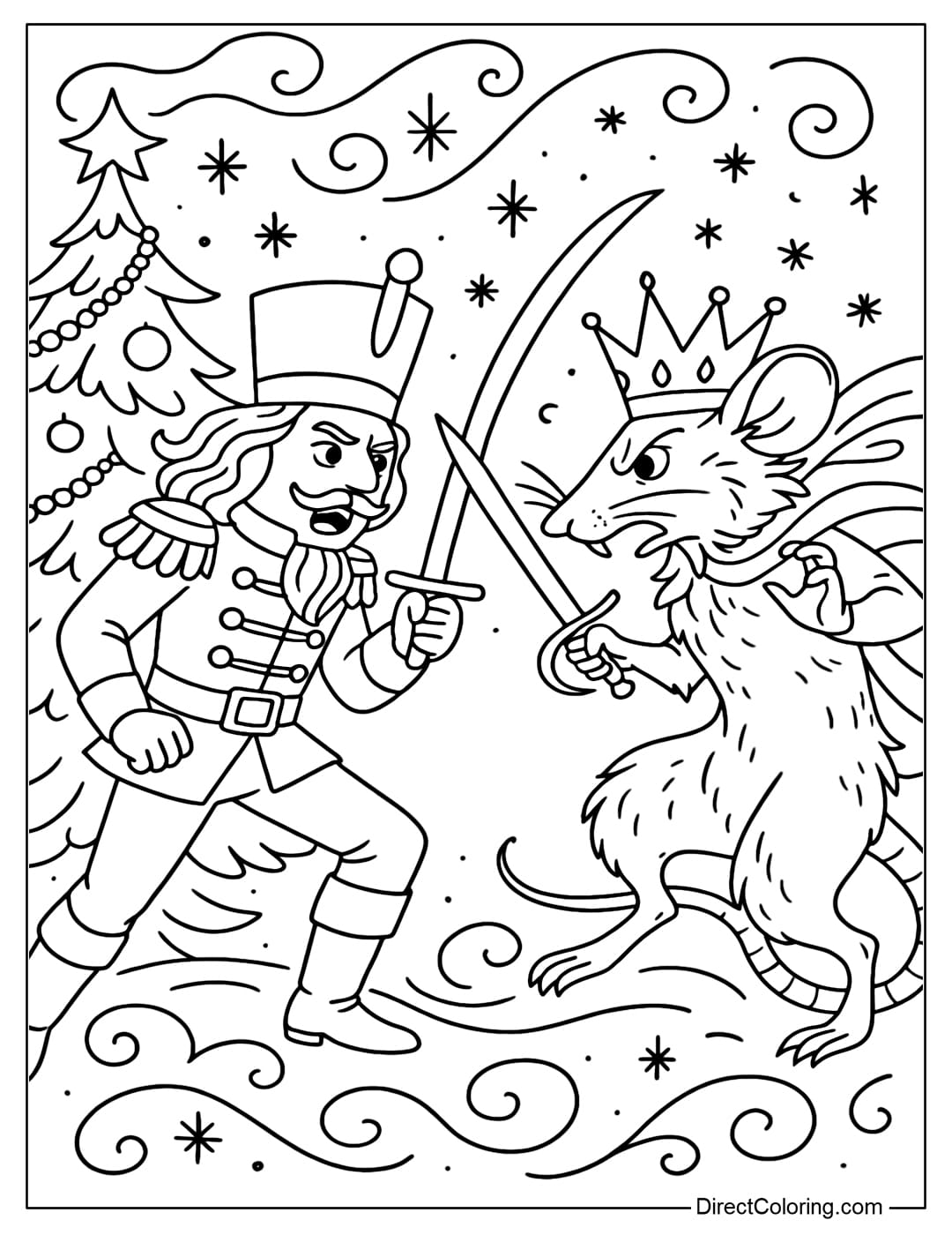 Nutcracker confronting the Mouse King coloring page.