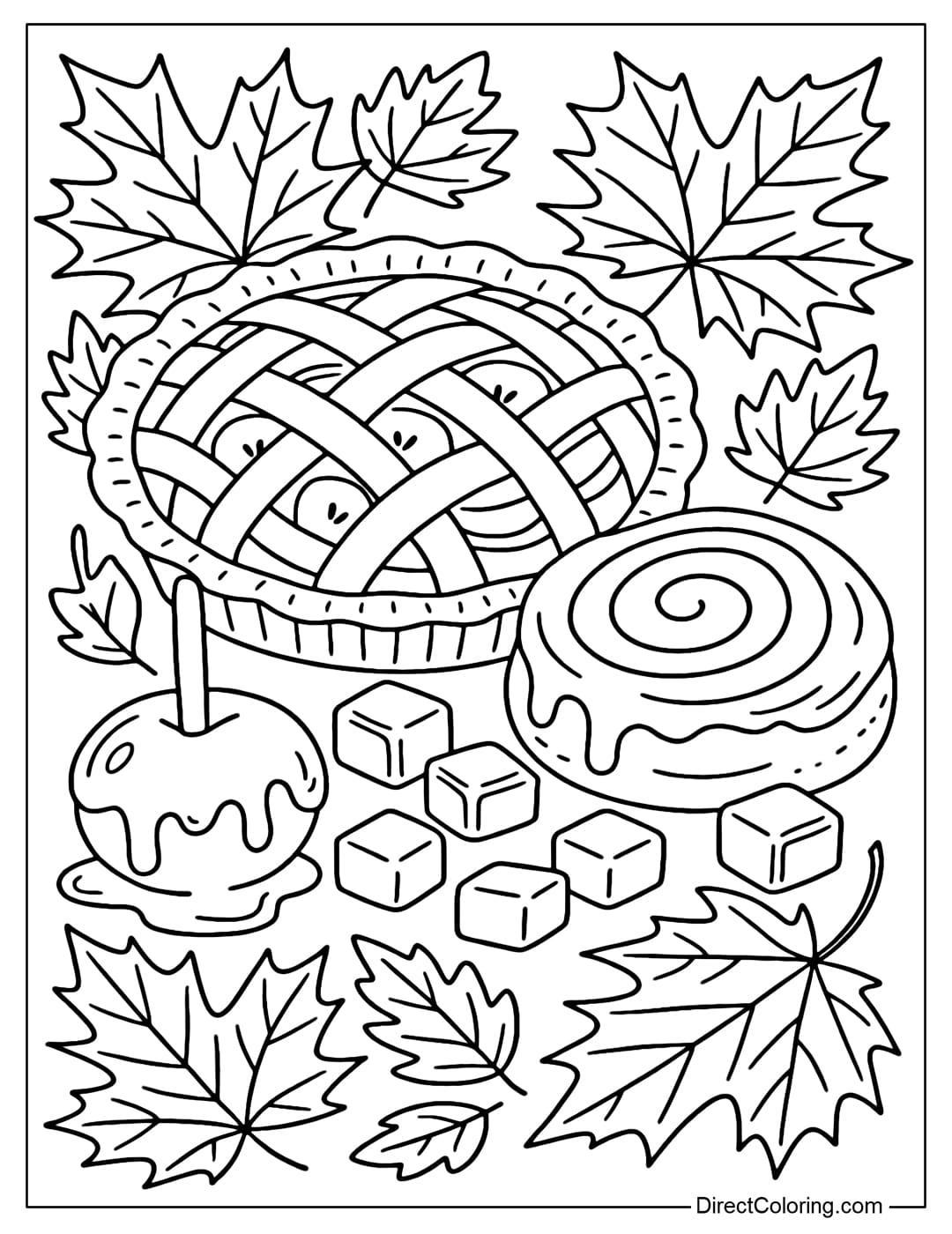 Autumn Sweets Coloring Page A variety of fall sweets coloring page: apple pie, cinnamon rolls, caramels, and maple leaves.