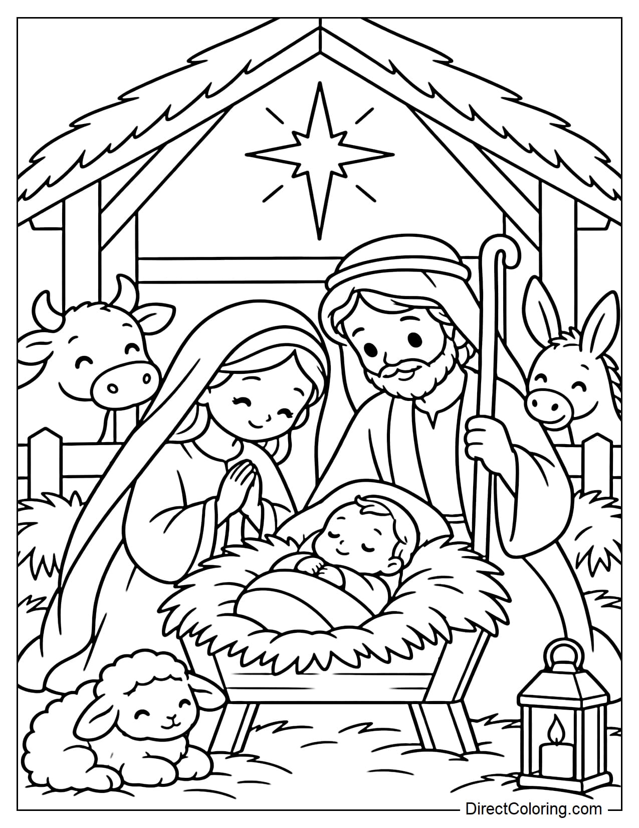 The Holy Family, including Mary, Joseph, and Baby Jesus, gathered together inside a small stable, with Baby Jesus lying in the manger.