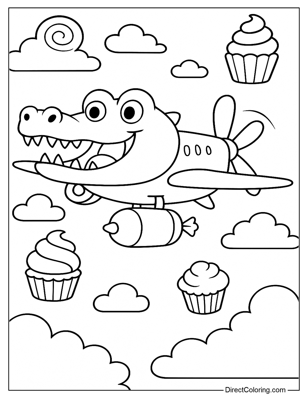 Bombardiro Crocodilo coloring page is flying through the sky with clouds in the shape of candy, cupcakes and fresh cream