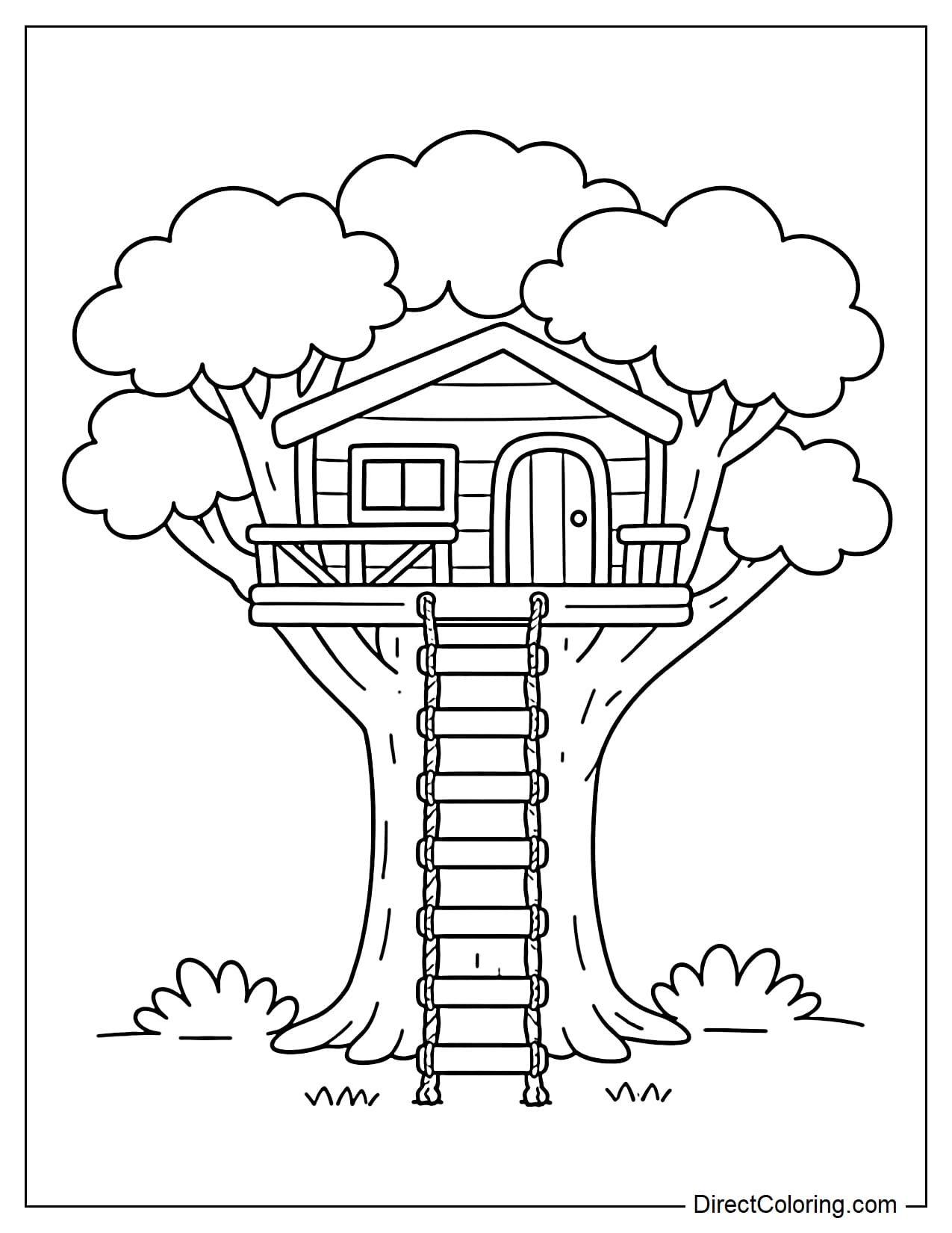 A treehouse with a short rope ladder, simply drawn with large, clear steps, and a compact house nestled among the trees.