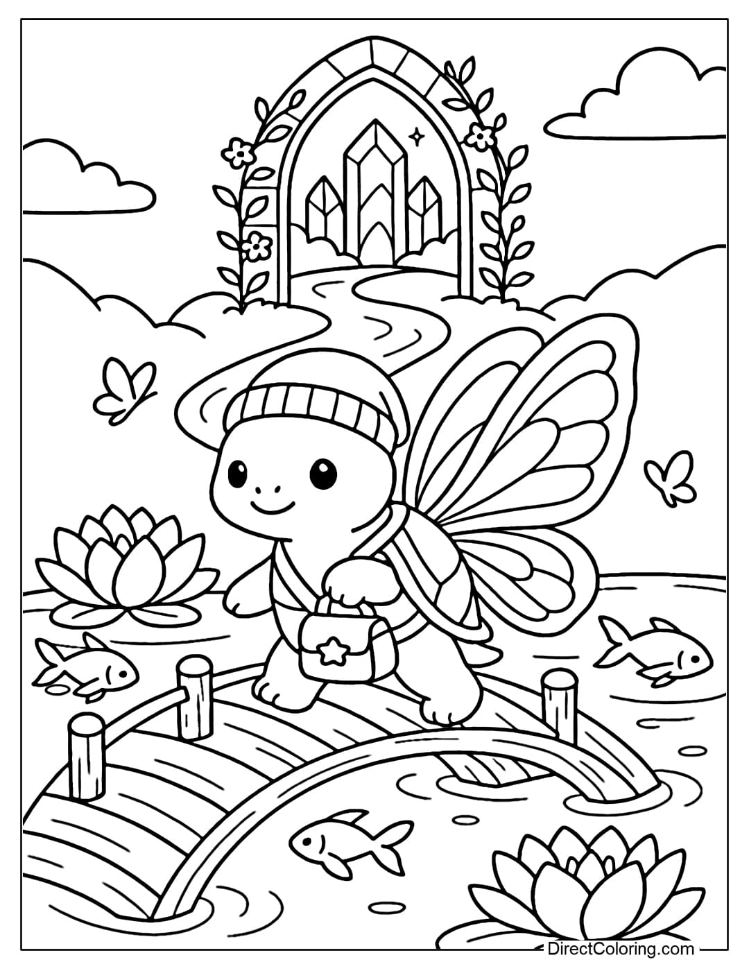 A little turtle coloring page with butterfly wings, carrying a travel bag, walking across a round wooden bridge.