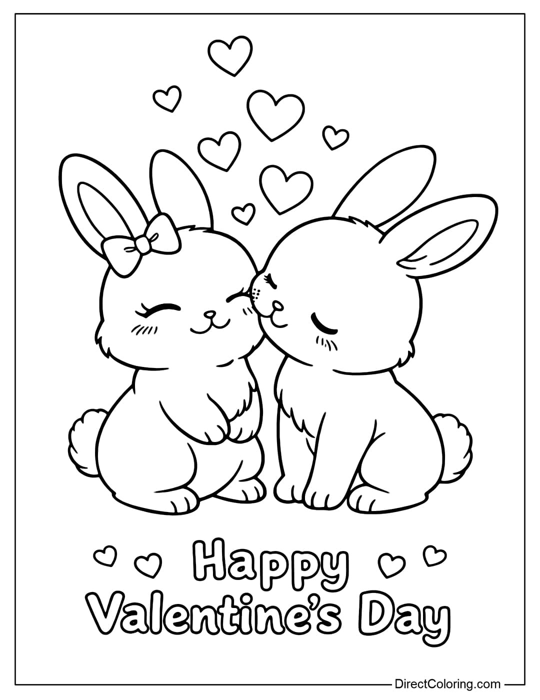 A coloring page featuring two cute bunnies kissing on the cheek, with many hearts flying up. Below is the text 