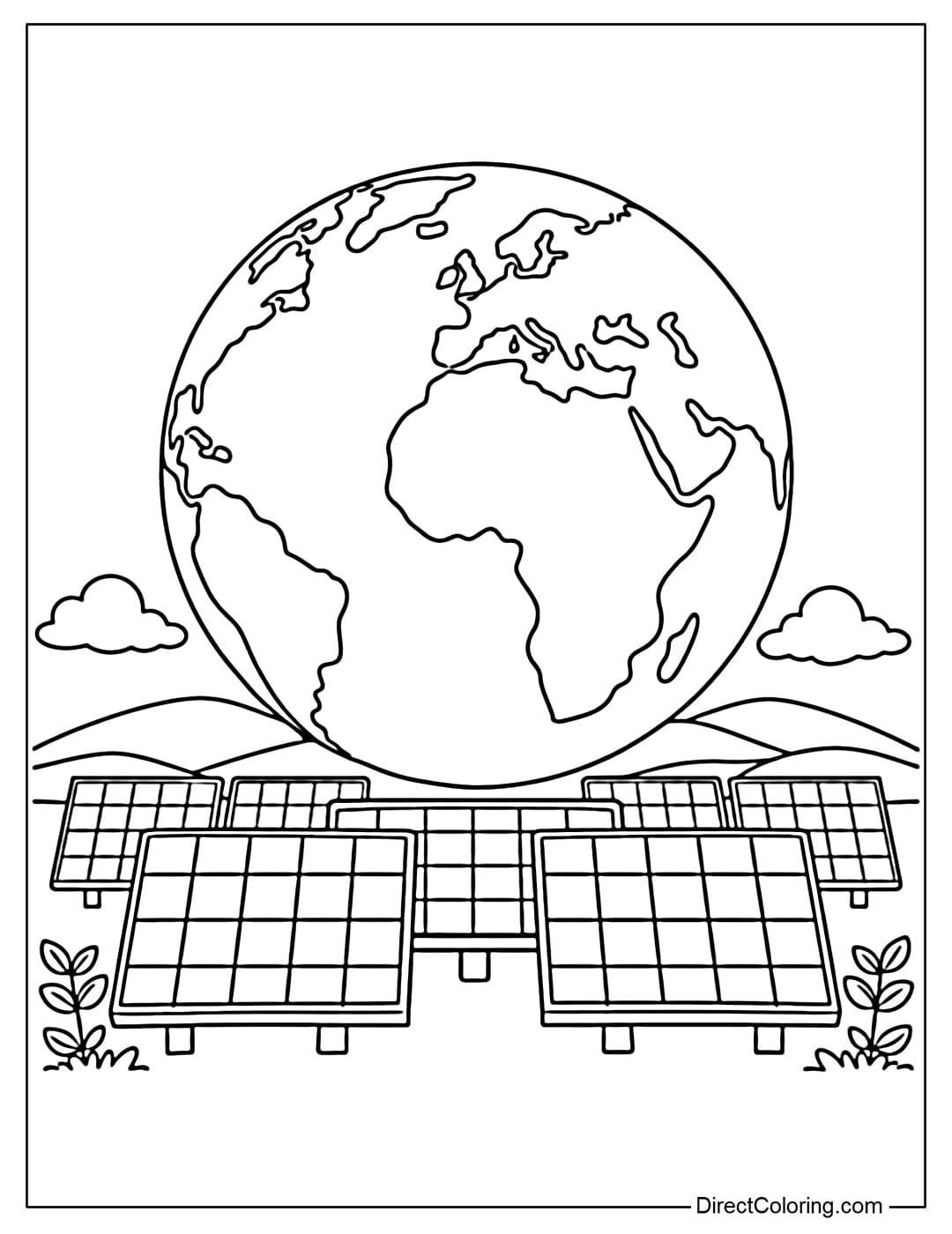 A coloring page featuring a large Earth in the center with several solar panels in front.